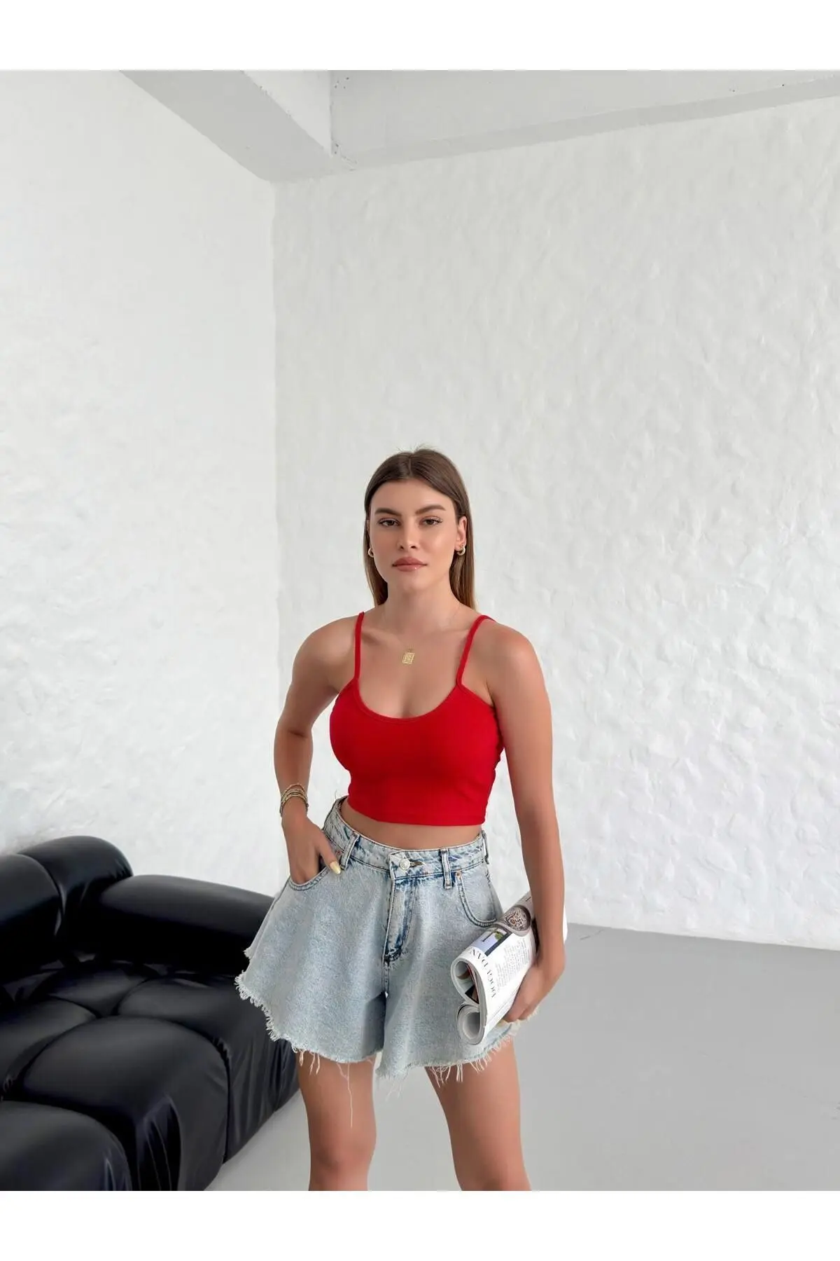 Kadın Kırmızı Scuba Kumaş Ip Askılı Crop Top