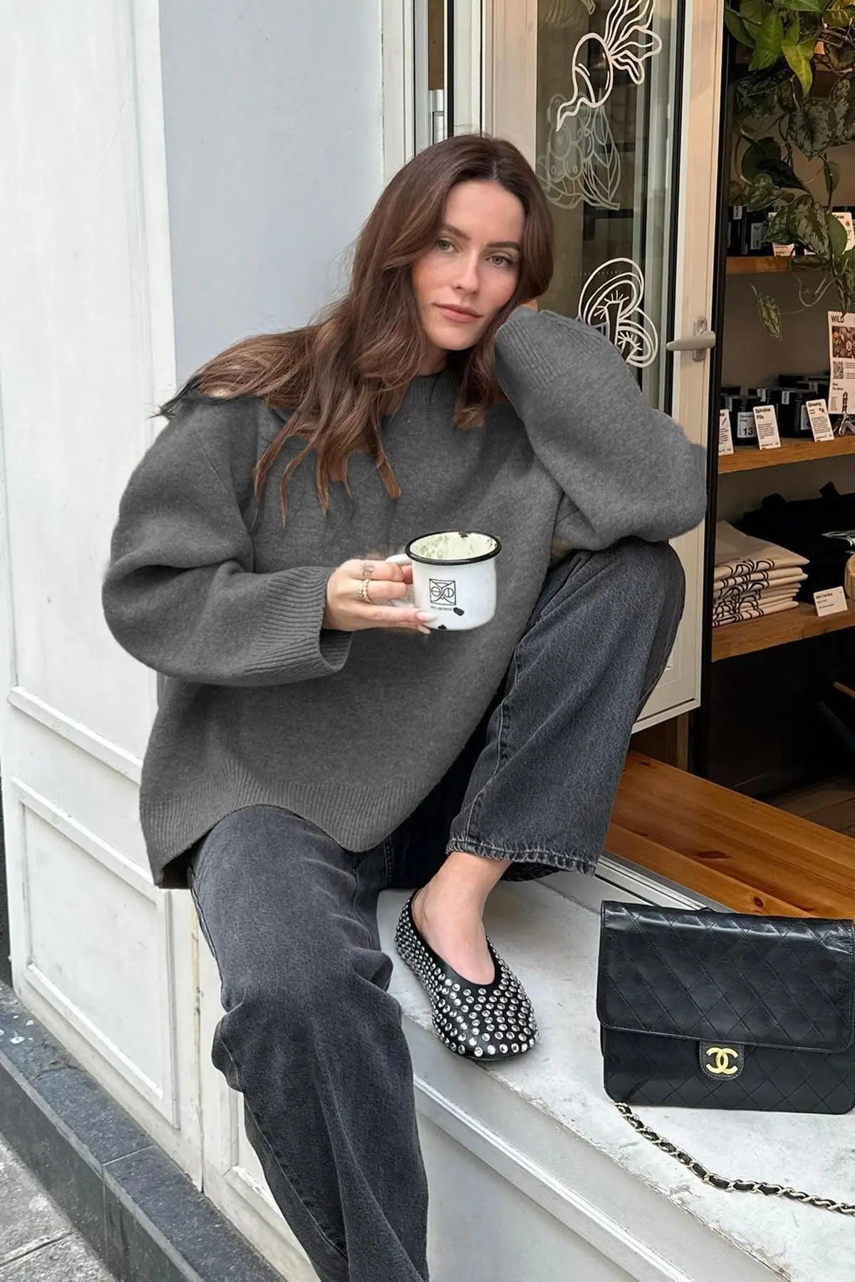 Antrasit Bisiklet Yaka Oversize Triko Kazak MG1972