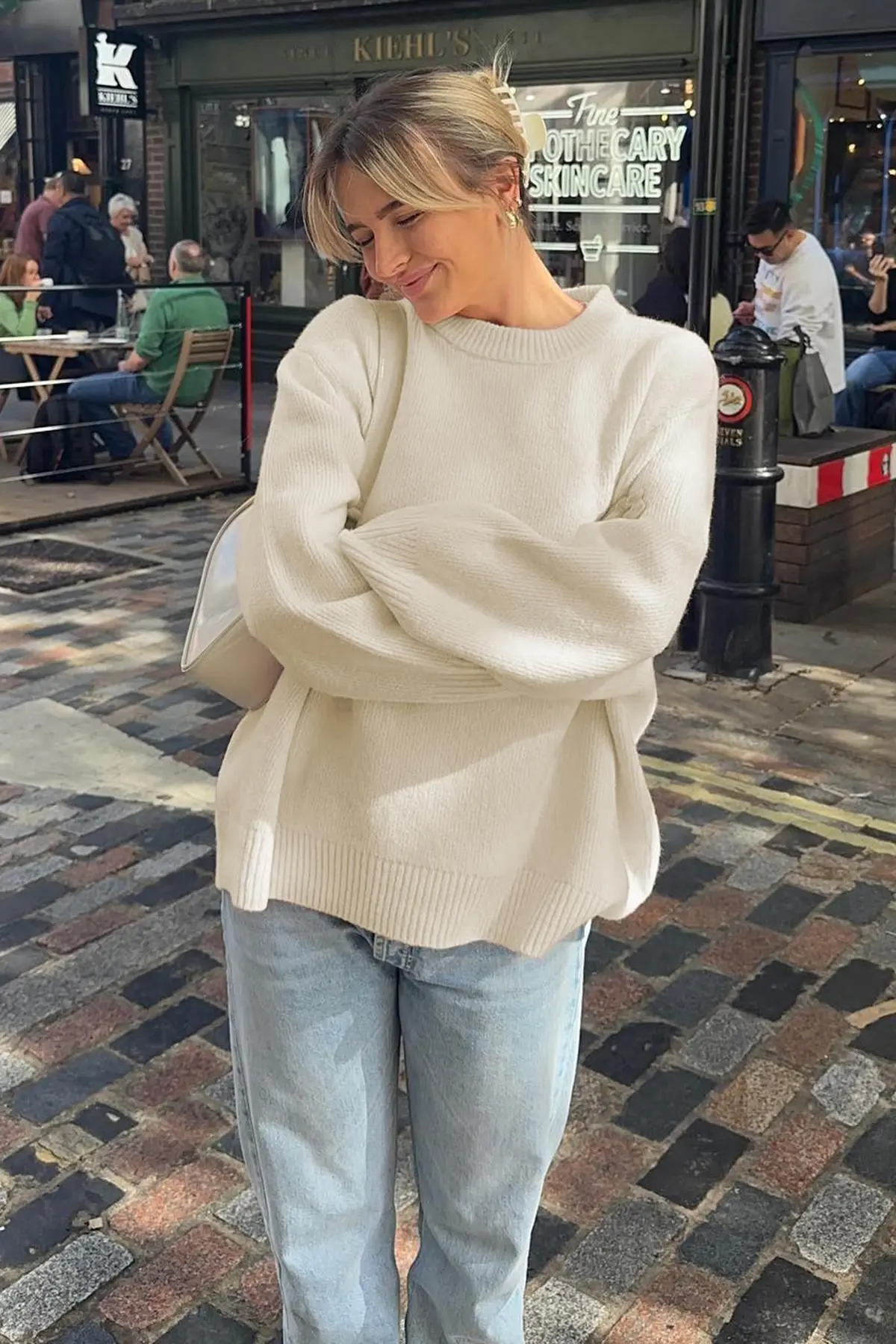 Madmext Ekru Bisiklet Yaka Oversize Triko Kazak MG1972