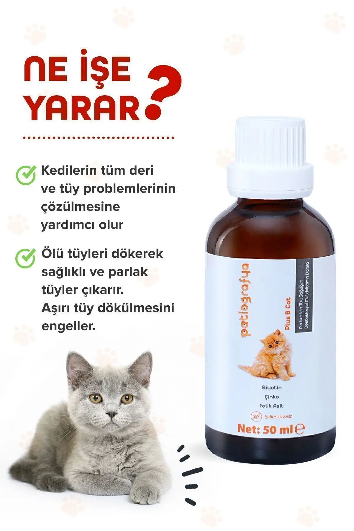 Plus B Kediler Için Tüy Dökümünü Azaltan, Besleyen Tüy Sağlığı Damlası Kedi Tüy Döküm Önleyici 50 ml