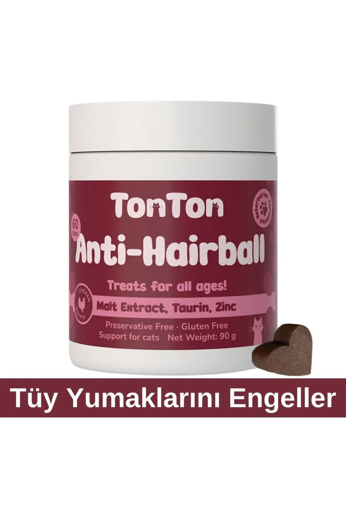 Tonton Glutensiz Anti-Hairball Malt 60 Tablet(Yumuşak&Çiğnenebilir, Biotin, Çinko, Taurin Destekli)