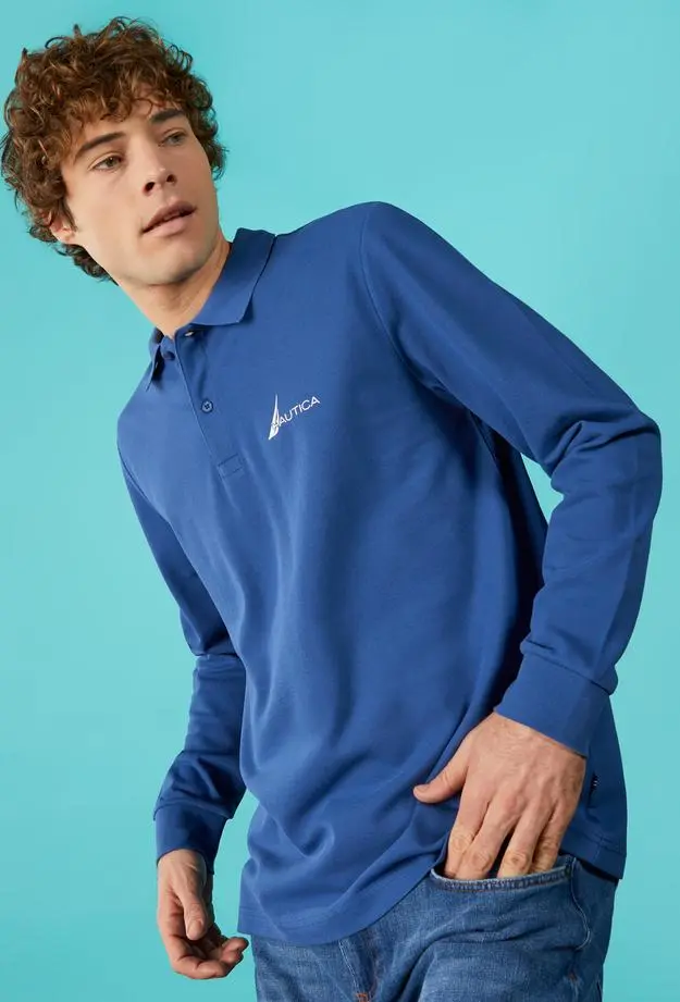 Nautica Erkek Mavi Classic Fit Uzun Kollu Polo