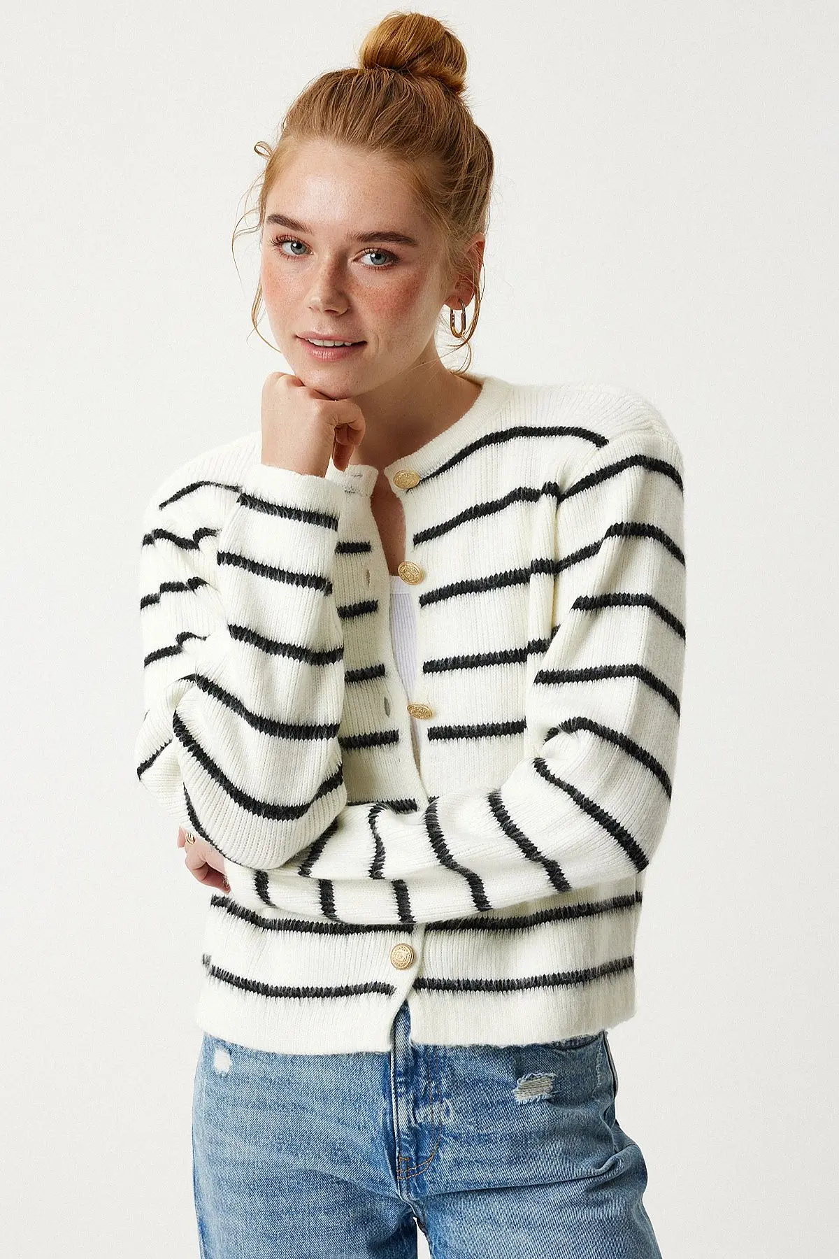 Dore Düğmeli Çizgili Triko Hırka Kemik Siyah Lpf0003