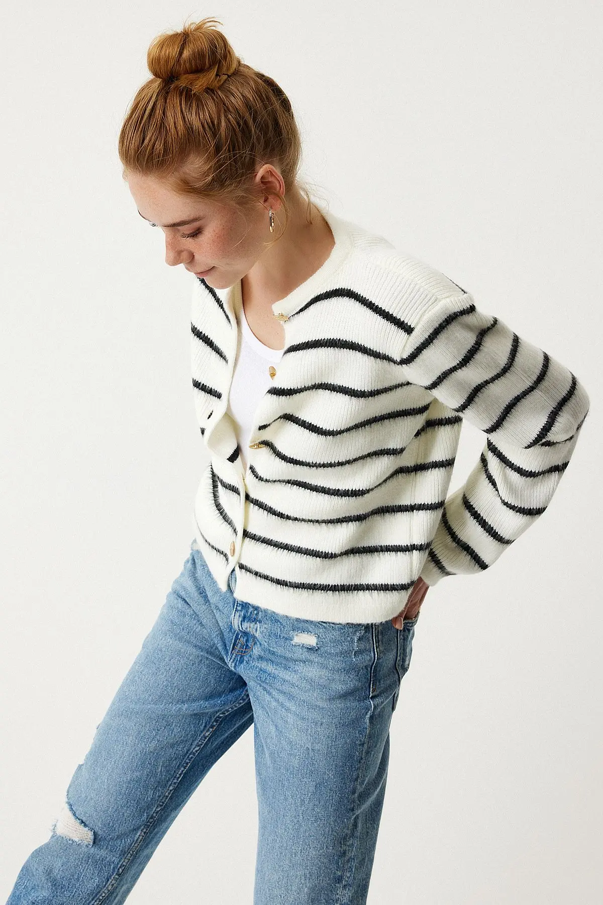 Dore Düğmeli Çizgili Triko Hırka Kemik Siyah Lpf0003