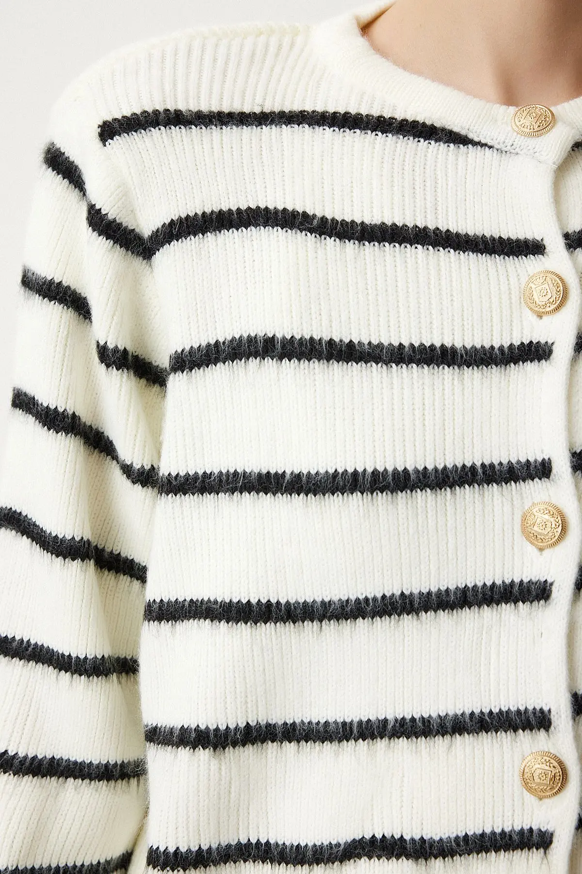 Dore Düğmeli Çizgili Triko Hırka Kemik Siyah Lpf0003