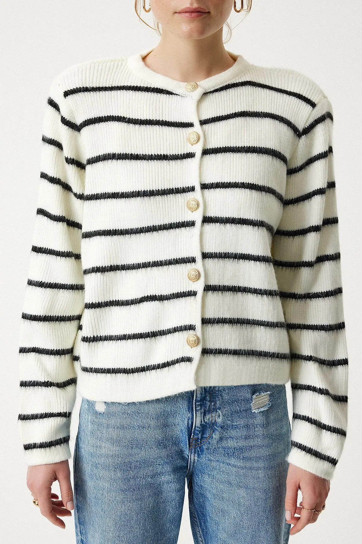 Dore Düğmeli Çizgili Triko Hırka Kemik Siyah Lpf0003