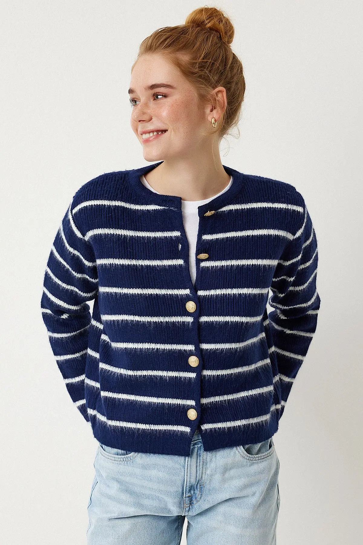 Dore Düğmeli Çizgili Triko Hırka Lacivert Beyaz Lpf0003