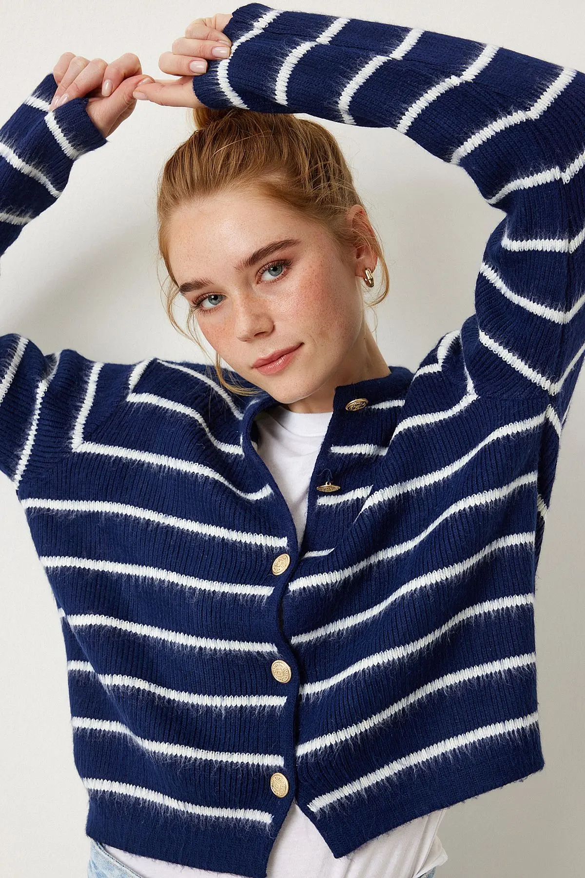 Lovelyİstanbul Dore Düğmeli Çizgili Triko Hırka Lacivert Beyaz Lpf0003