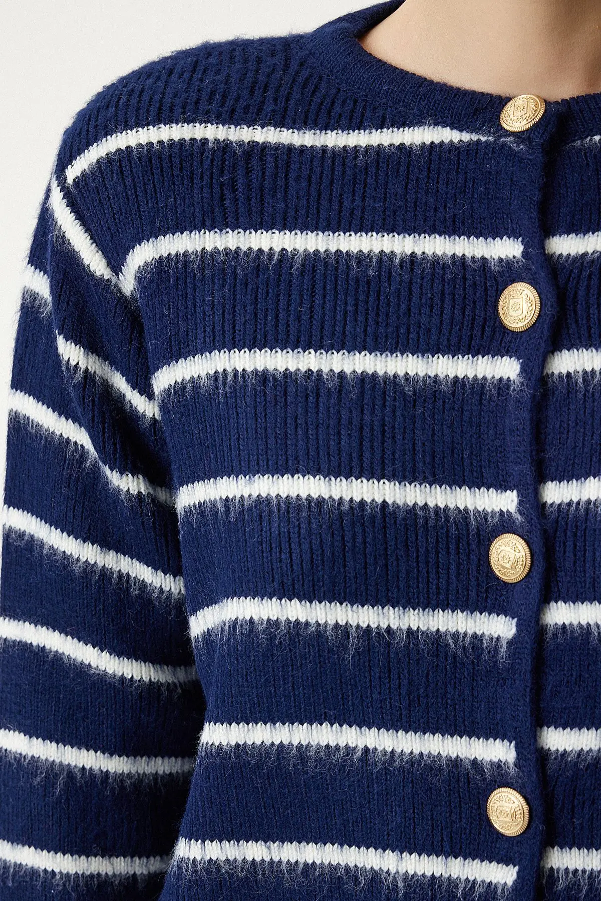 Dore Düğmeli Çizgili Triko Hırka Lacivert Beyaz Lpf0003