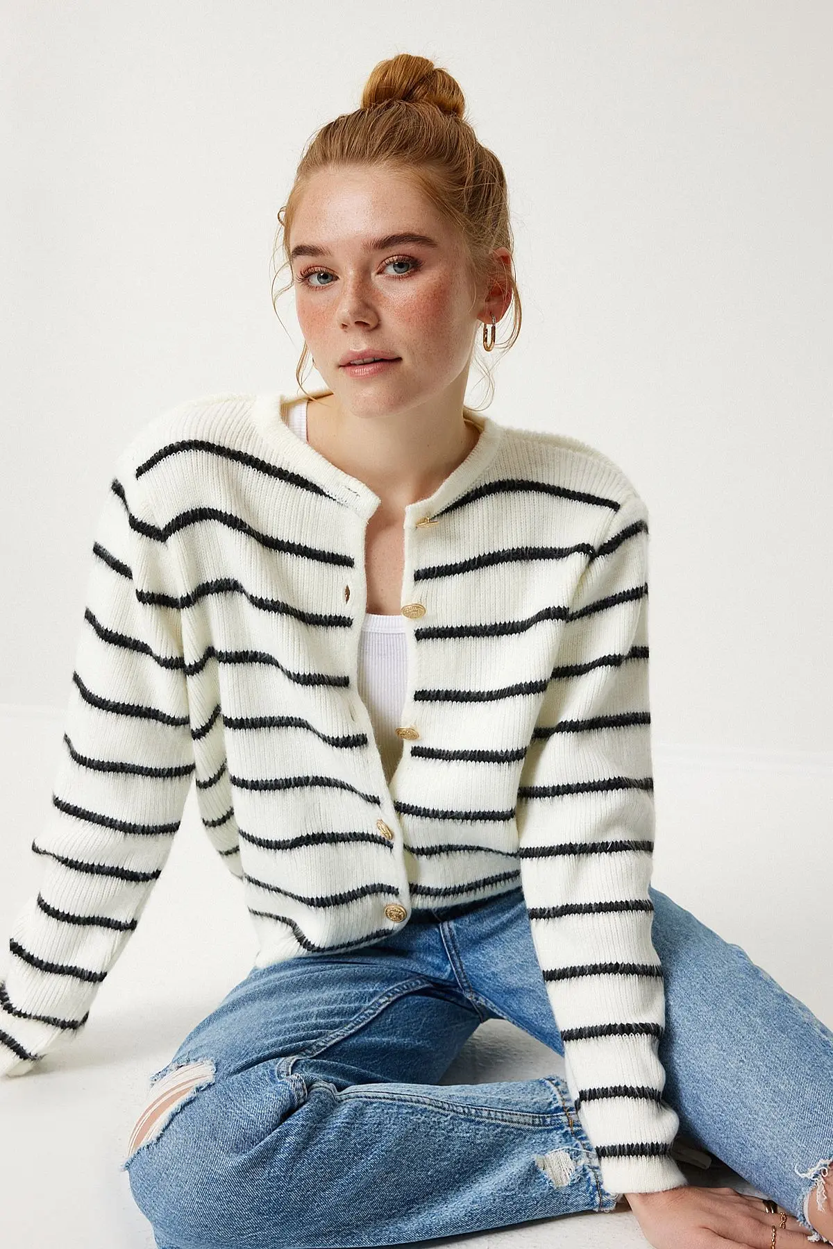 Lovelyİstanbul Dore Düğmeli Çizgili Triko Hırka Kemik Siyah Lpf0003