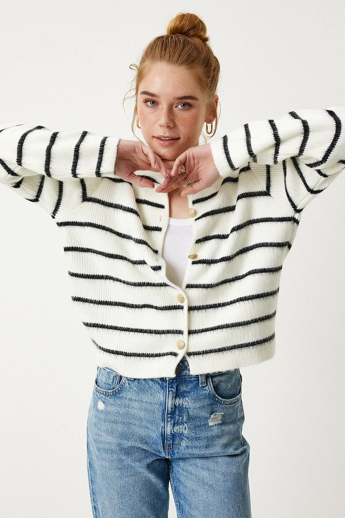 Dore Düğmeli Çizgili Triko Hırka Kemik Siyah Lpf0003