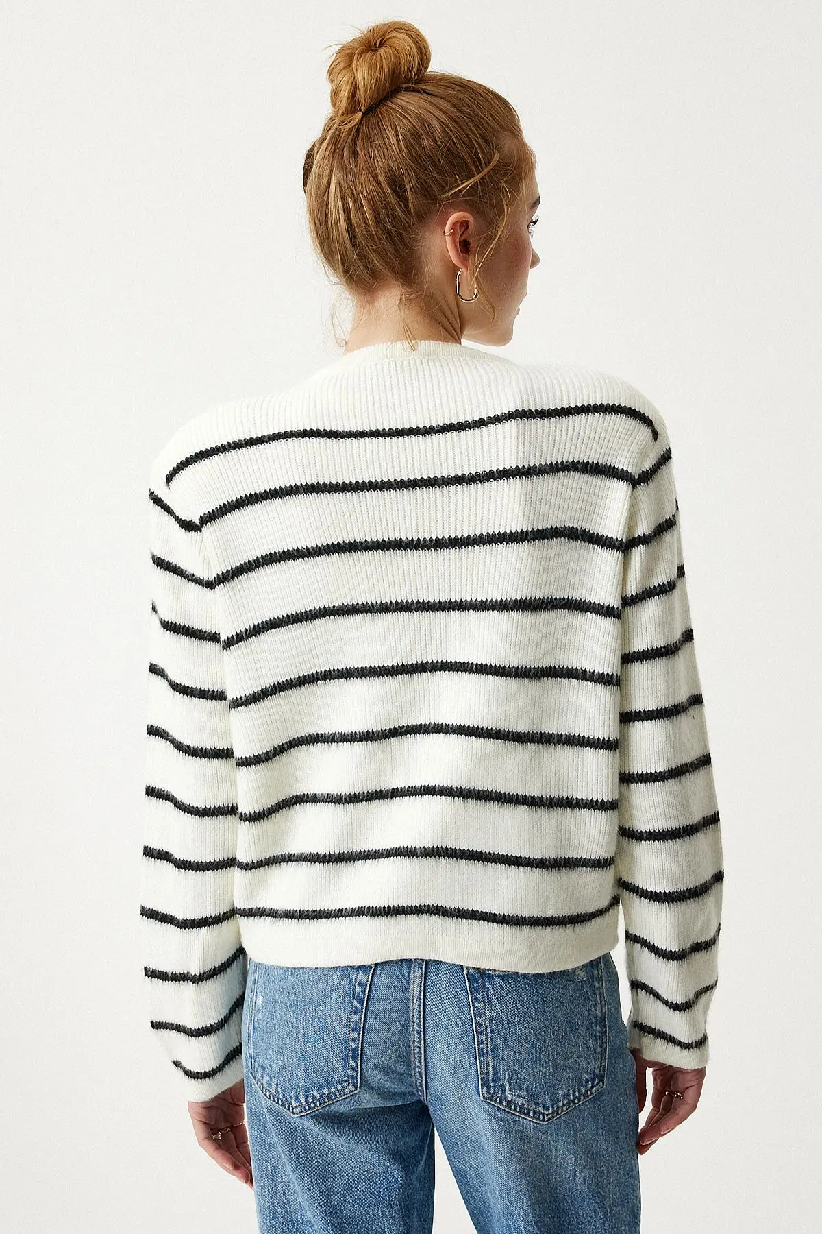 Dore Düğmeli Çizgili Triko Hırka Kemik Siyah Lpf0003