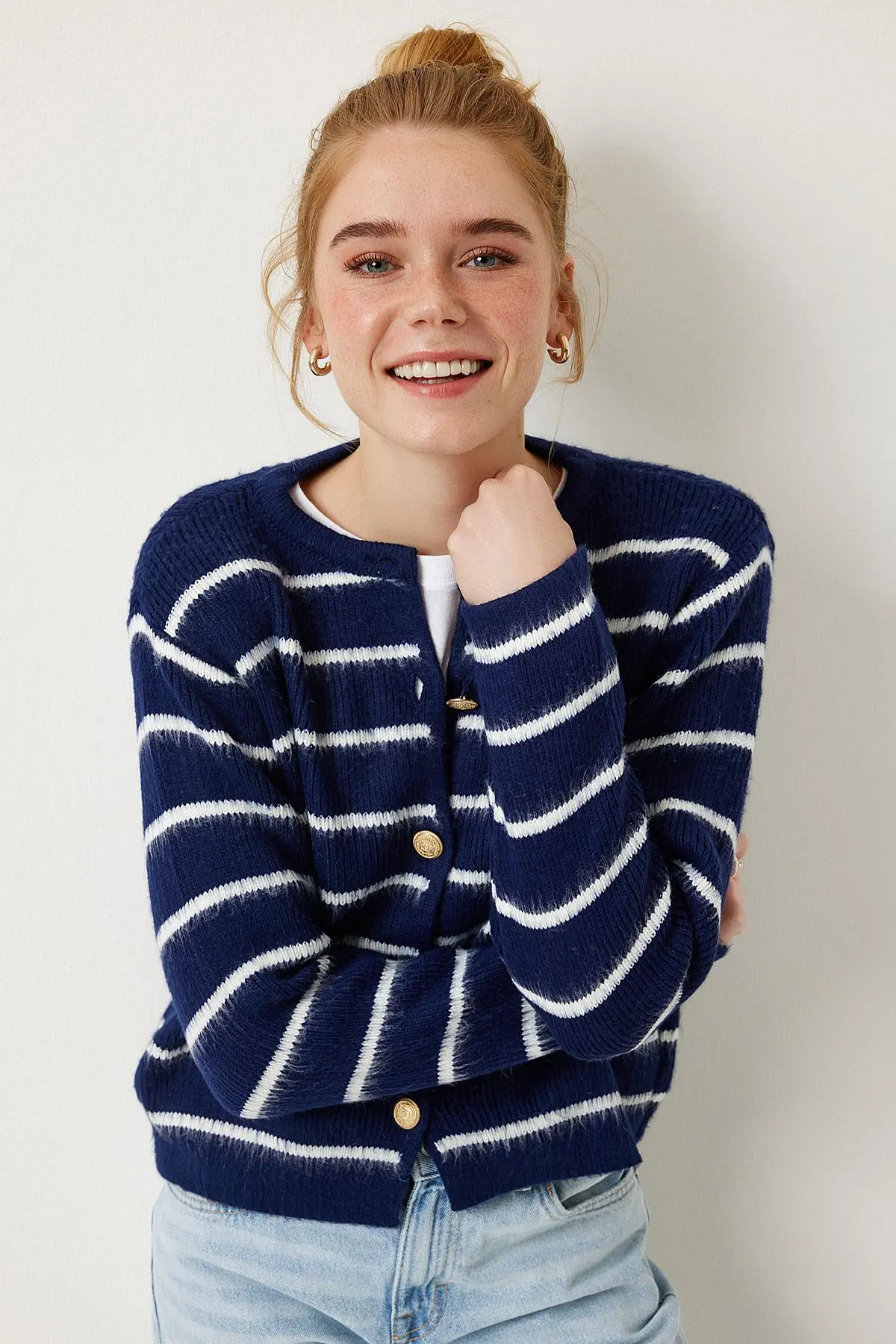 Dore Düğmeli Çizgili Triko Hırka Lacivert Beyaz Lpf0003