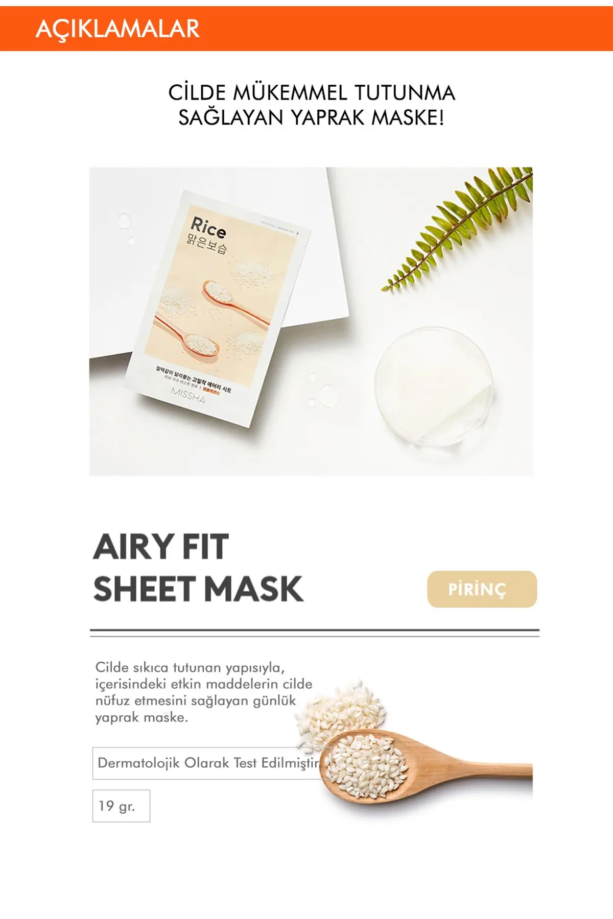 Pirinç Özlü Aydınlatıcı ve Nemlendirici Yaprak Maske (1ad) Airy Fit Sheet Mask Rice
