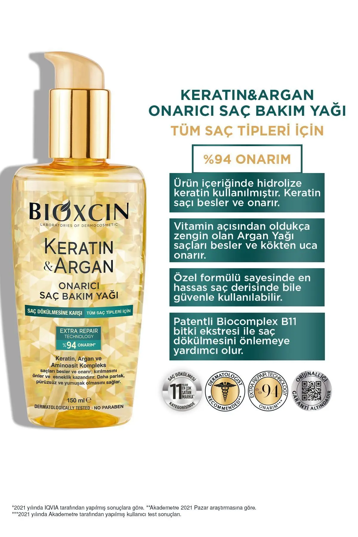 Keratin Argan Onarıcı Saç Bakım Yağı 150 ml