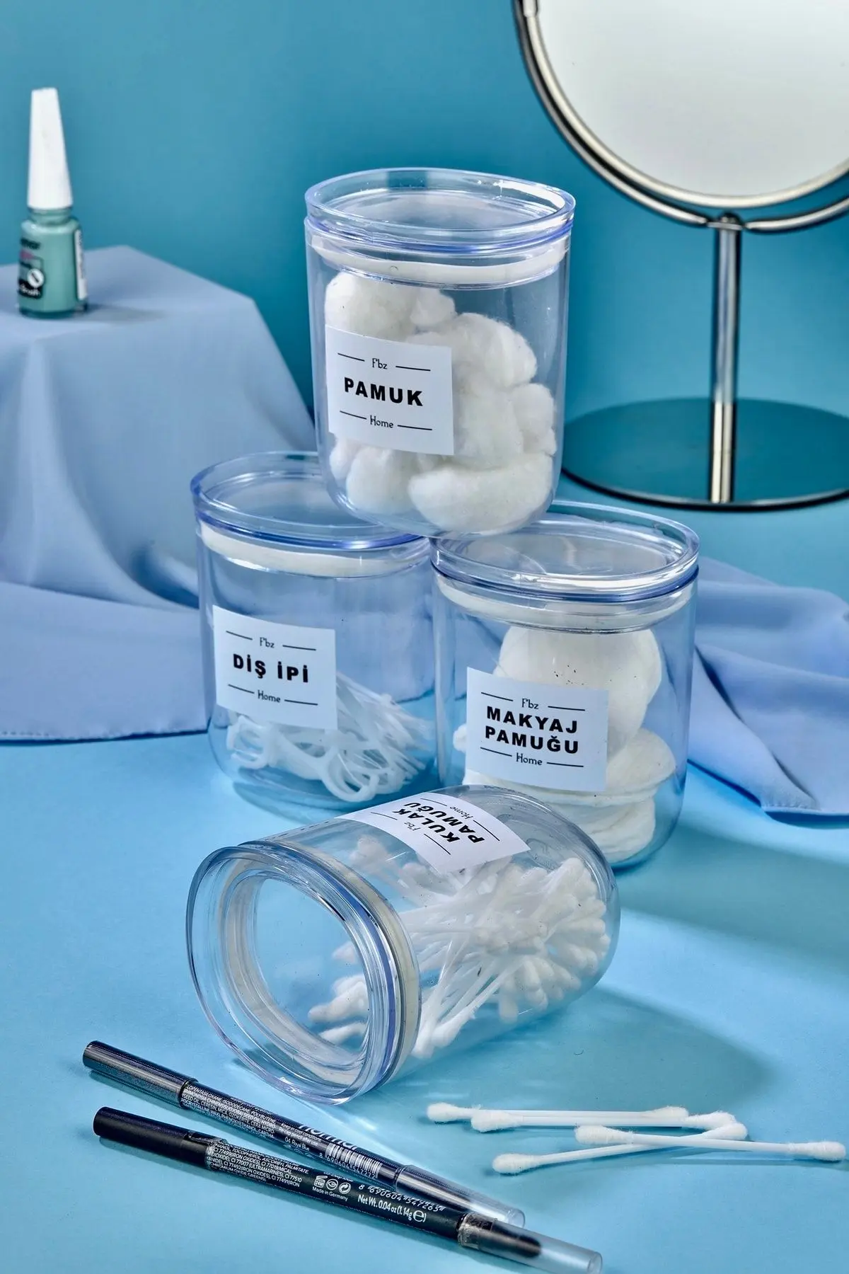4'lü Dekoratif Kulak Pamuğu & Pamuk & Makyaj Pamuğu & Diş Ipi Saklama Kutusu 400 Ml Akrilik Set