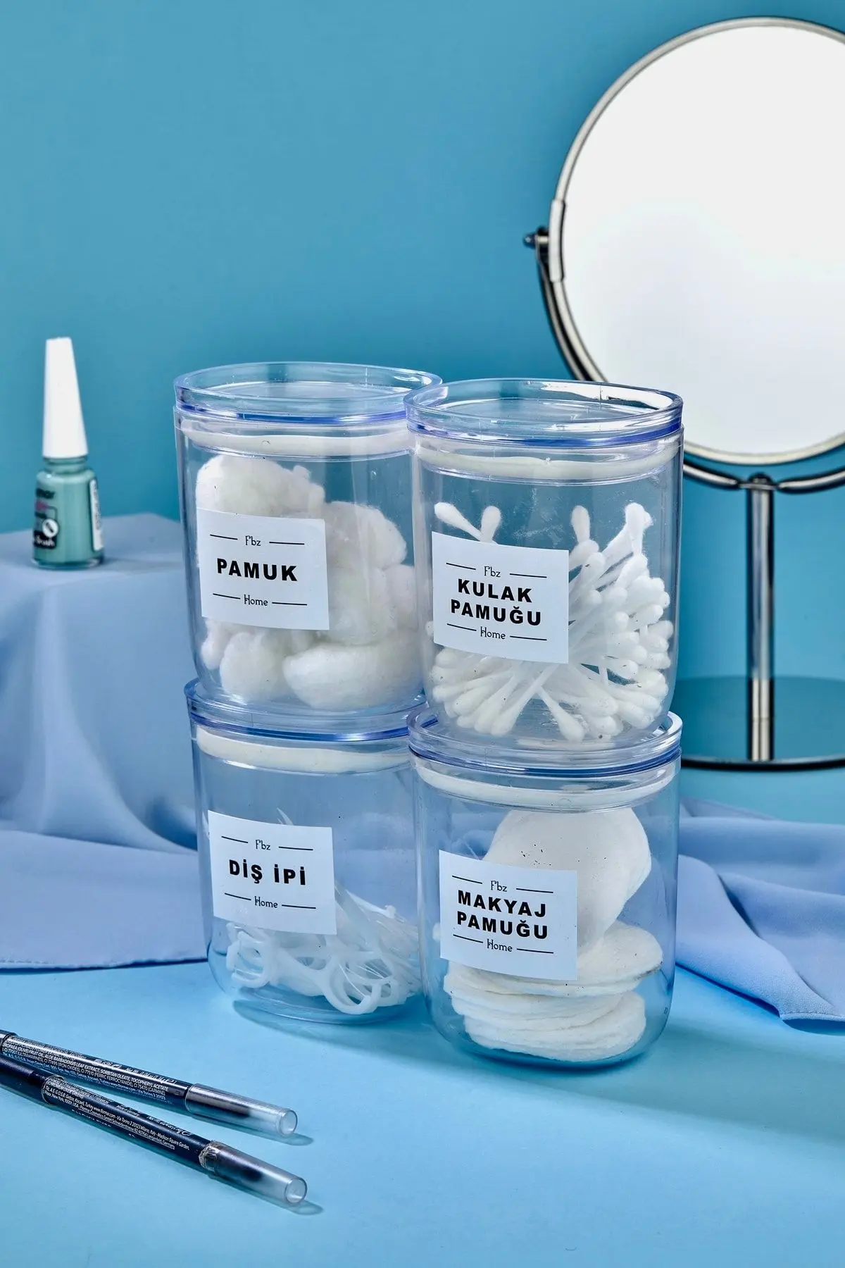 4'lü Dekoratif Kulak Pamuğu & Pamuk & Makyaj Pamuğu & Diş Ipi Saklama Kutusu 400 Ml Akrilik Set