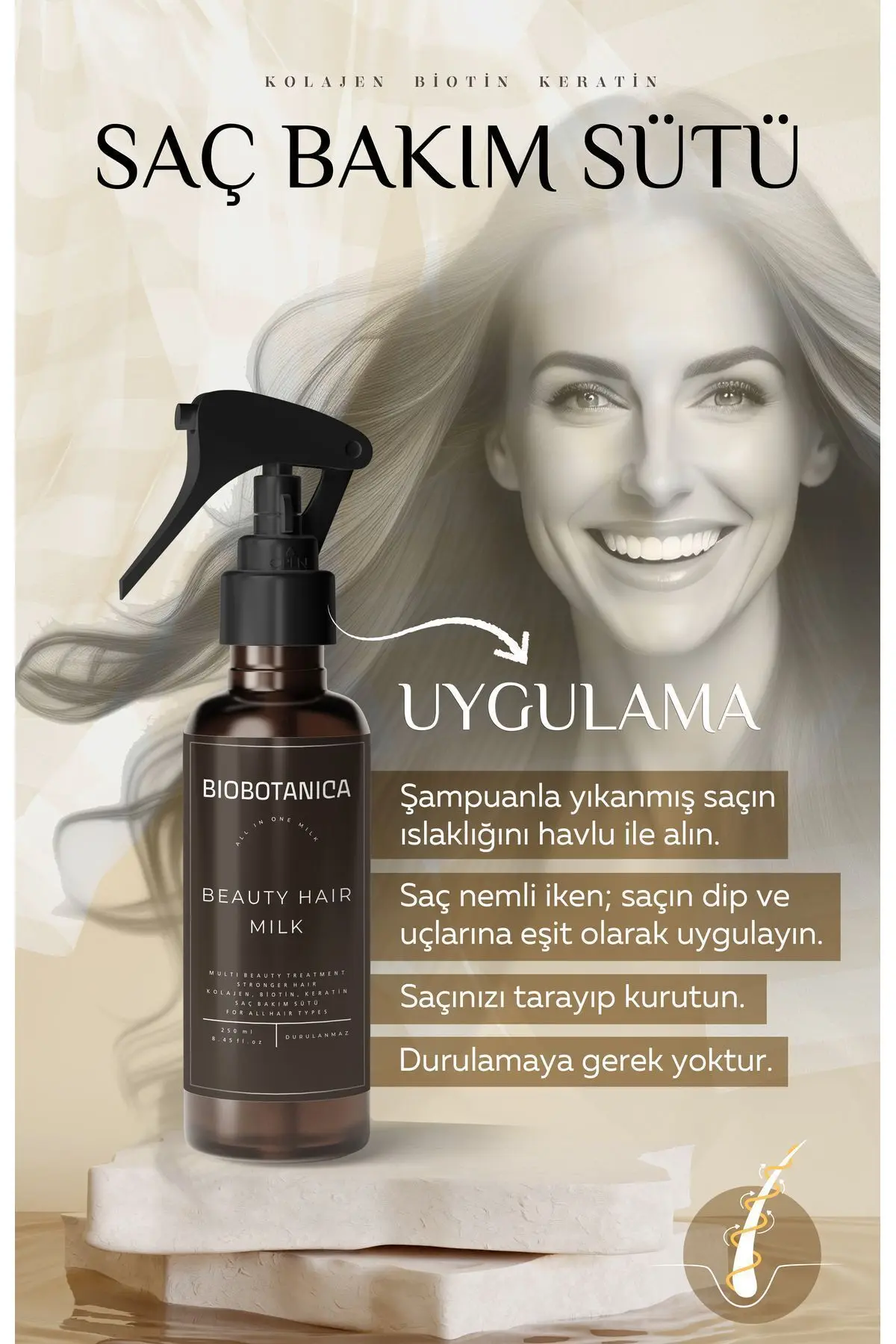 Keratin Kolajen Biotin Saç Bakım Sütü Hızlı Uzama Desteği Durulanmayan 250 ml