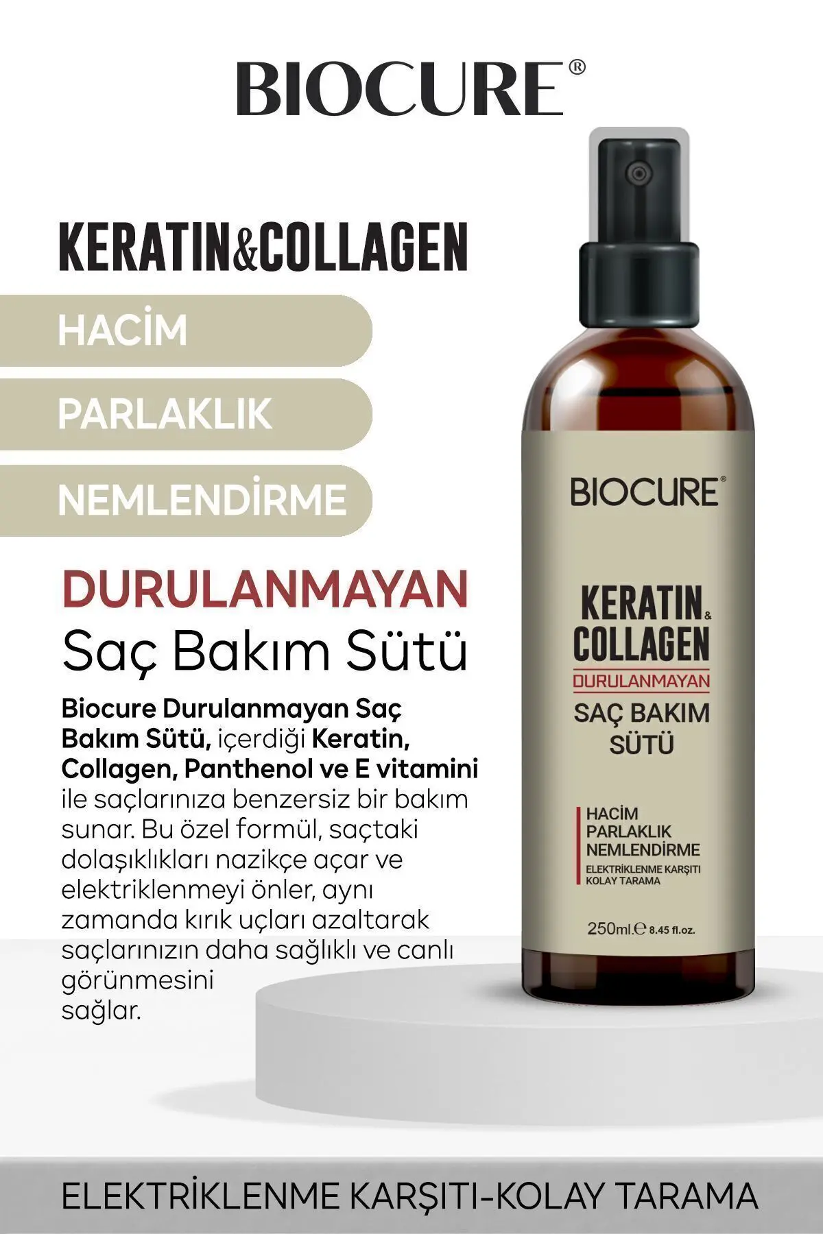Keratin Collagen Durulanmayan Saç Bakım Sütü Hacim, parlaklık nemlendirme Kolay Tarama 250ml.