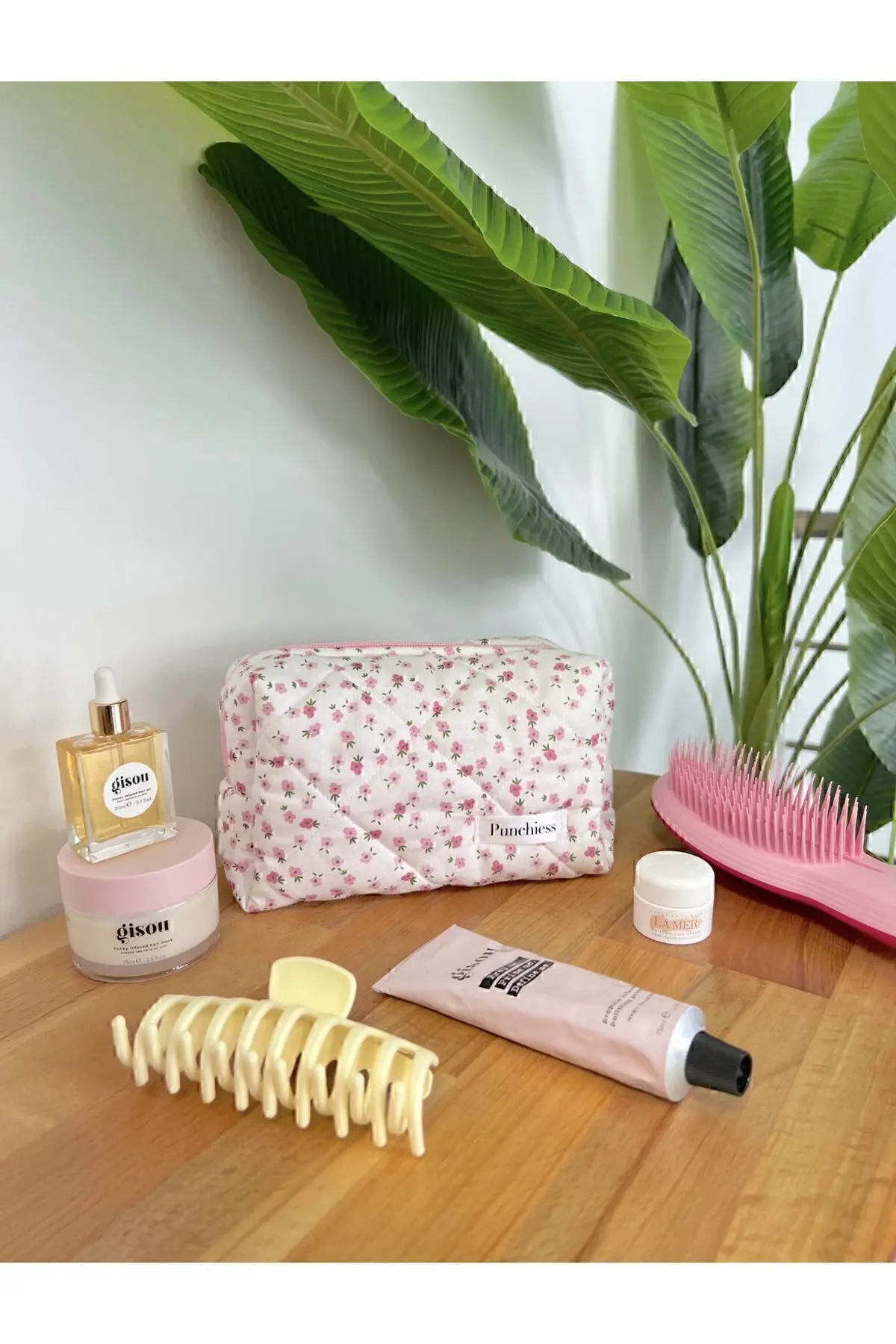 Punchiess Pembe Çıtır Çiçekli Makyaj Çantası Büyük Boy