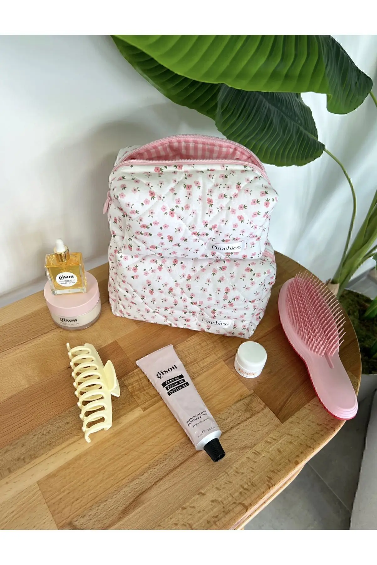 Pembe Çıtır Çiçekli Makyaj Çantası Büyük Boy