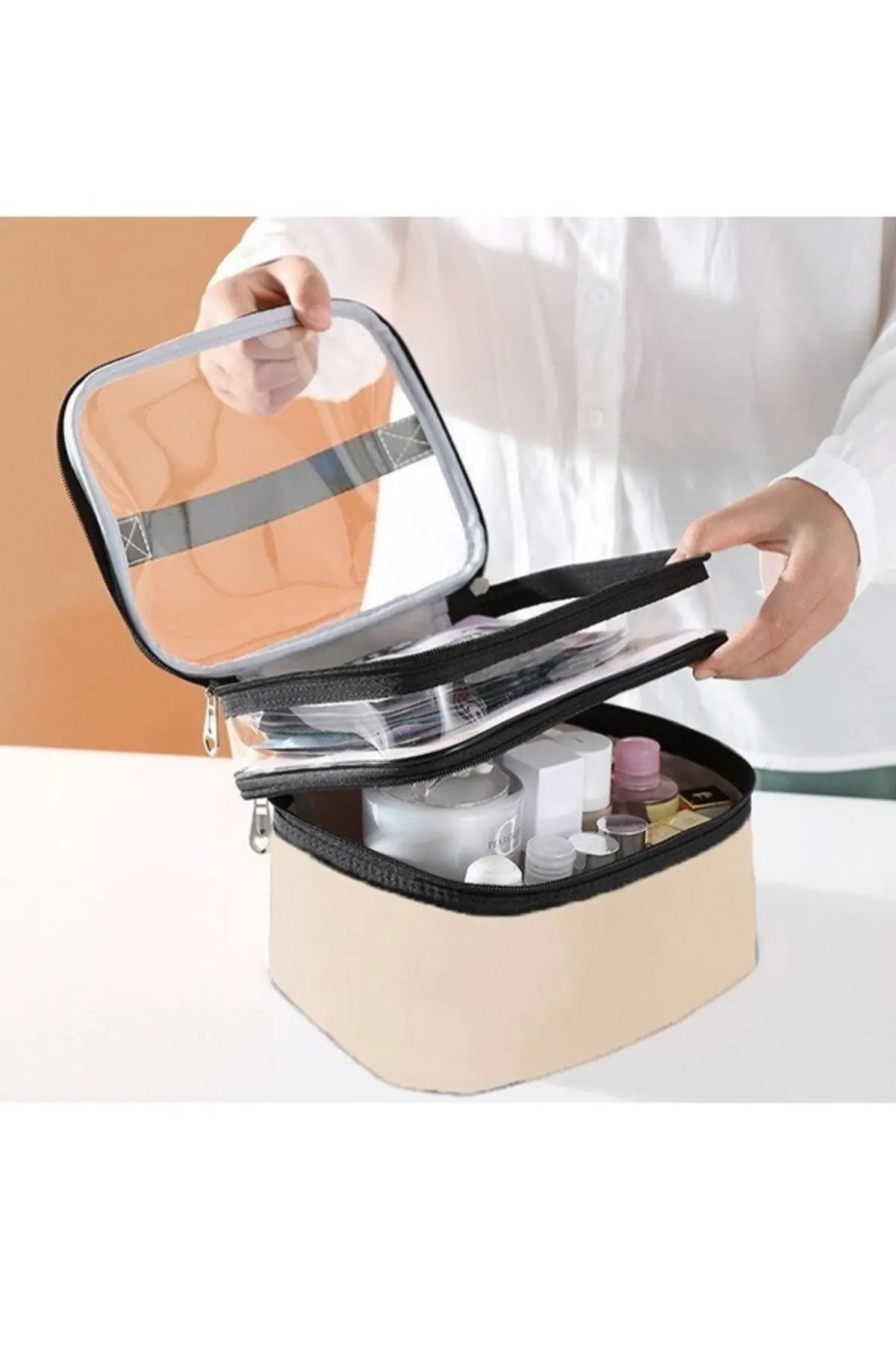 Kadın Makyaj Çantası Bej Deri Şeffaf Pratik Şık Çift Bölmeli Fermuarlı Seyahat Makyaj Çantası