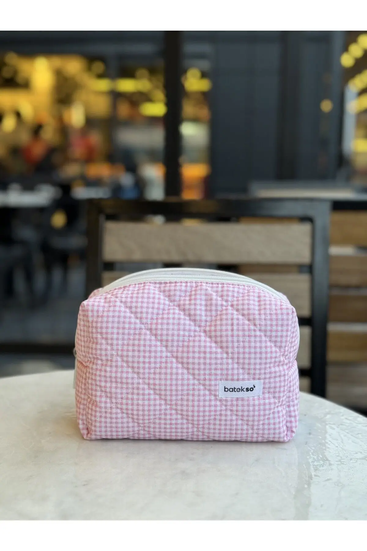 Pembe Kare Desenli Makyaj Çantası - Büyük Boy