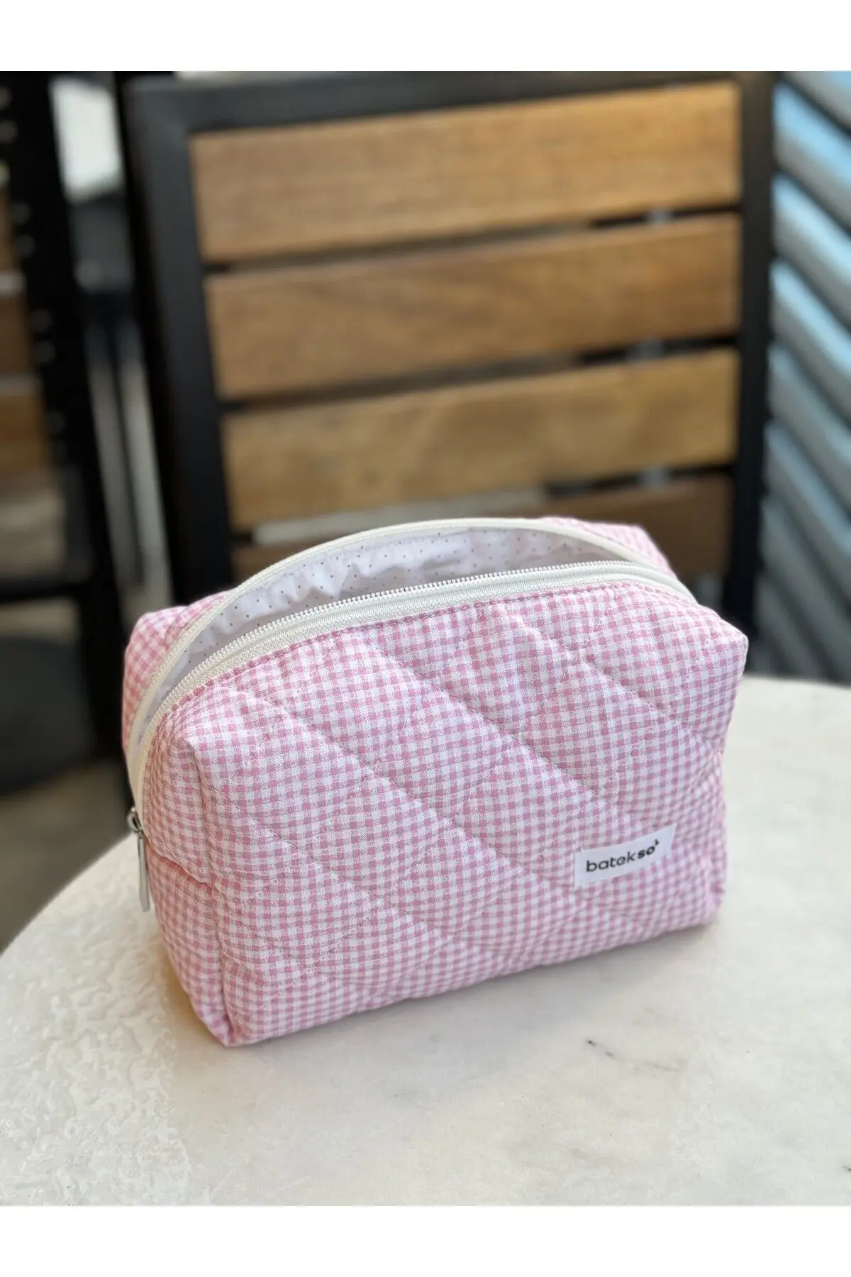 Pembe Kare Desenli Makyaj Çantası - Büyük Boy