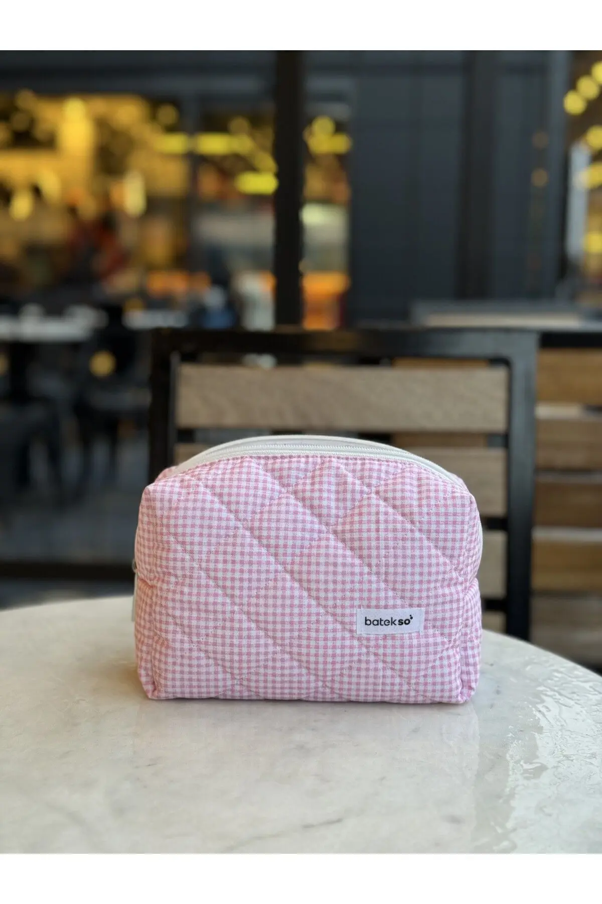 Pembe Kare Desenli Makyaj Çantası - Büyük Boy