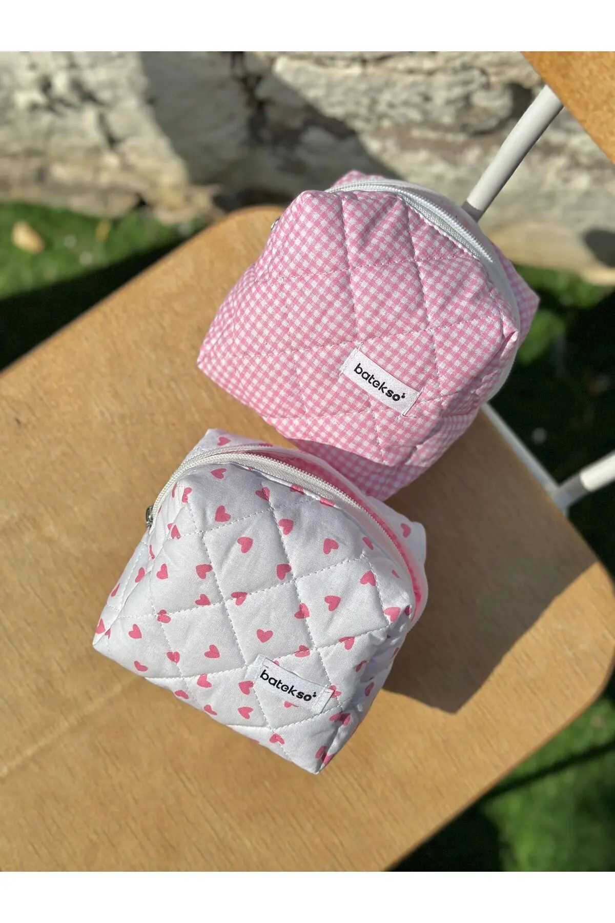 2'li Mini Pembe Kalp Ve Pembe Kare Desenli Makyaj Çantası - Küçük Boy