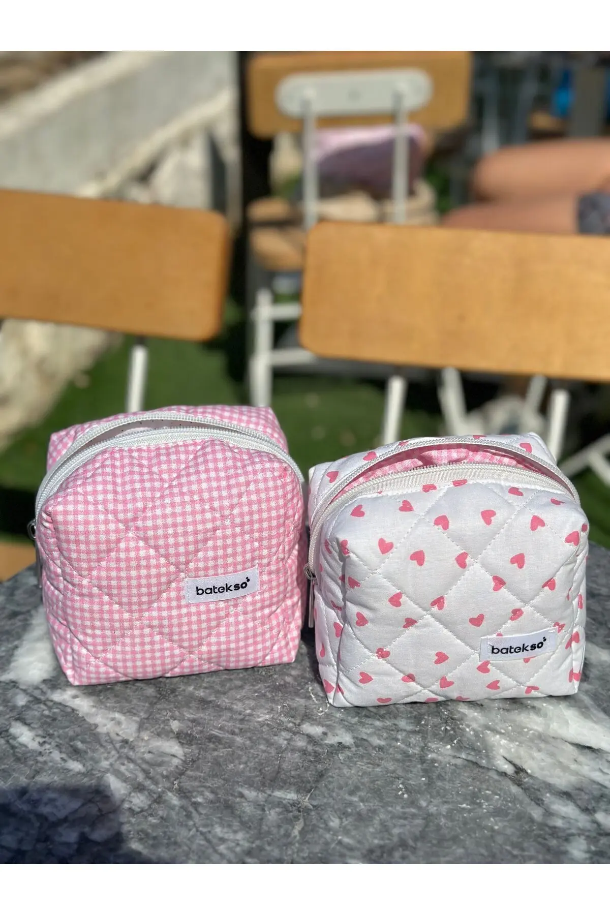 2'li Mini Pembe Kalp Ve Pembe Kare Desenli Makyaj Çantası - Küçük Boy