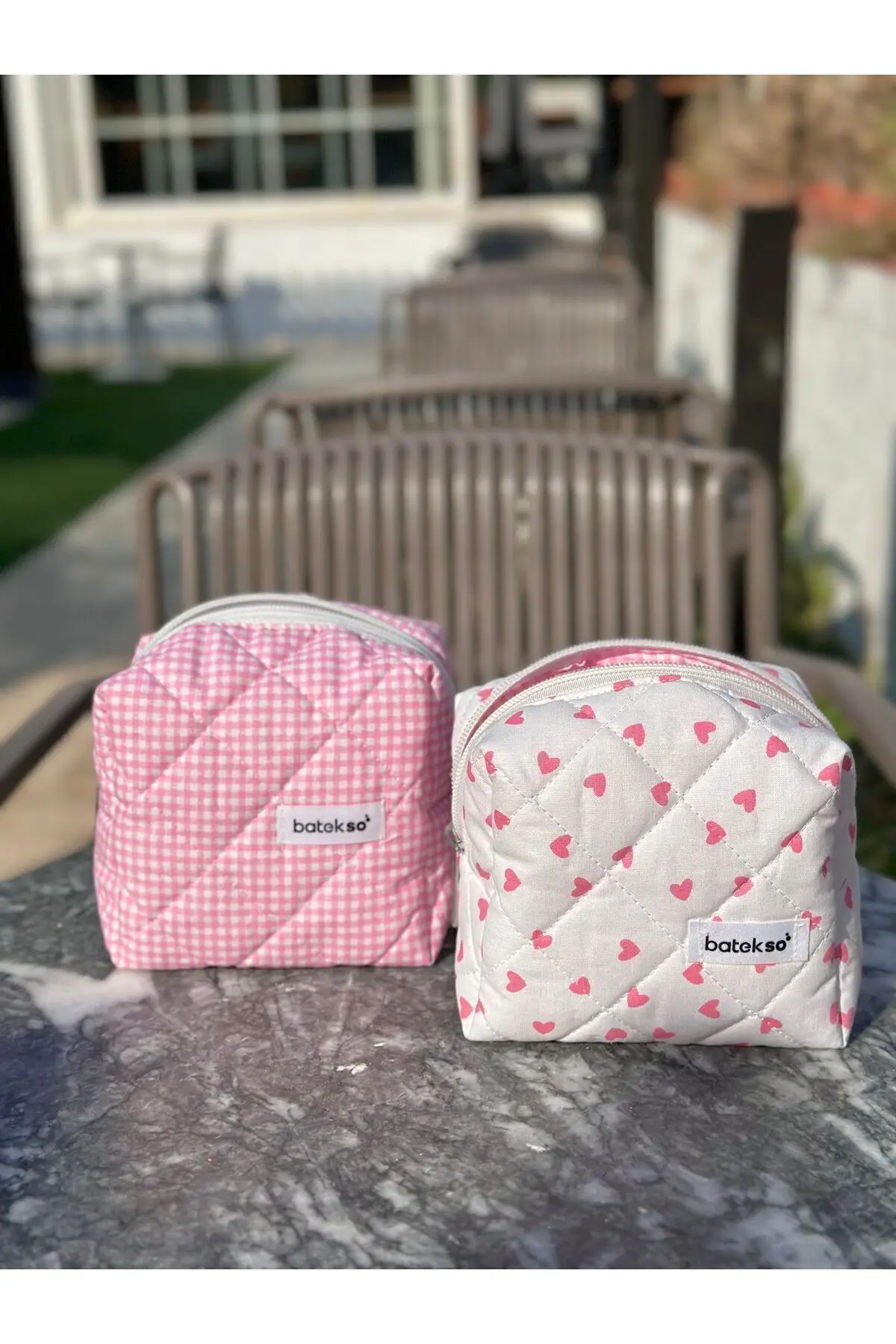 2'li Mini Pembe Kalp Ve Pembe Kare Desenli Makyaj Çantası - Küçük Boy