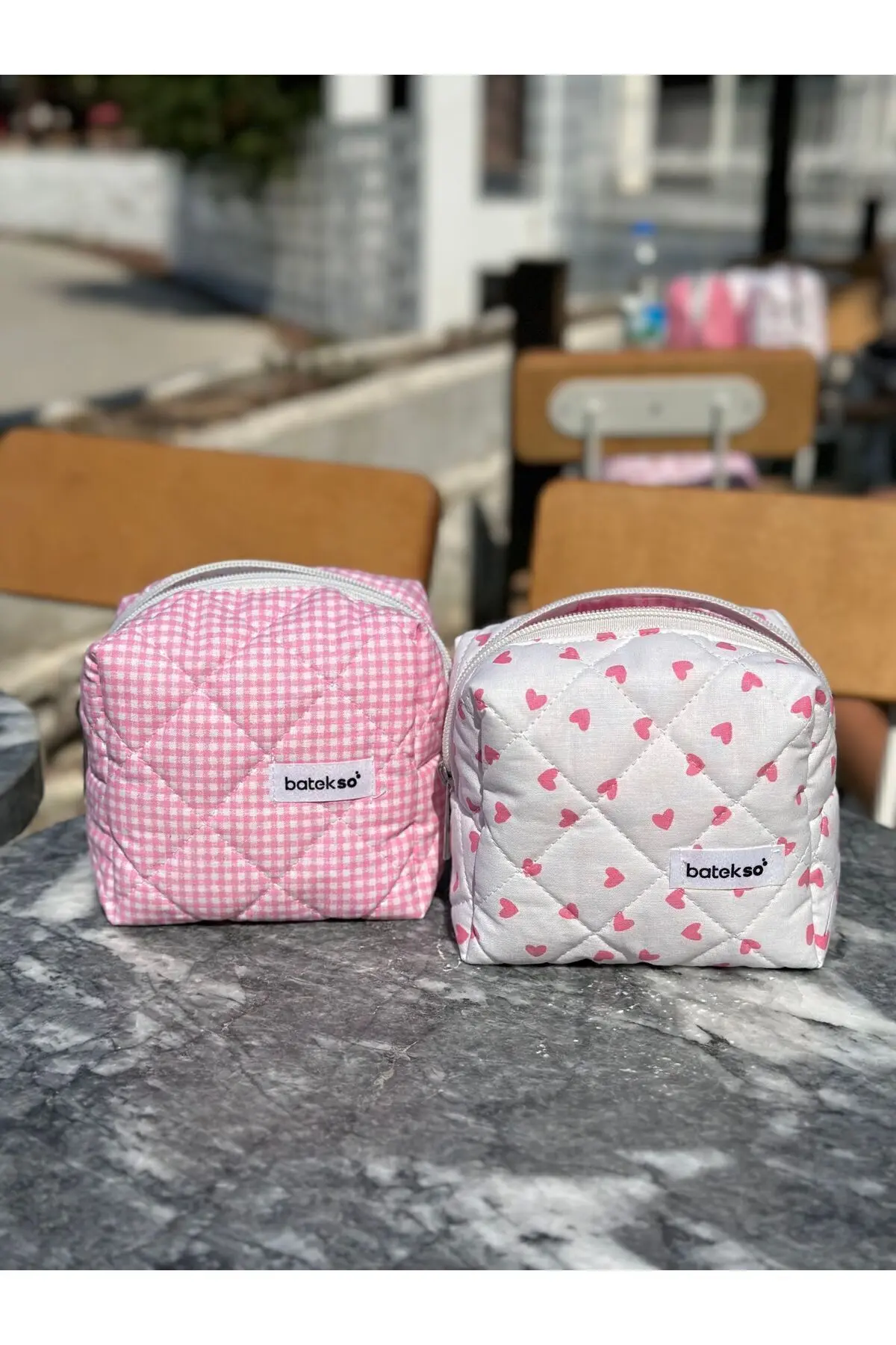 2'li Mini Pembe Kalp Ve Pembe Kare Desenli Makyaj Çantası - Küçük Boy