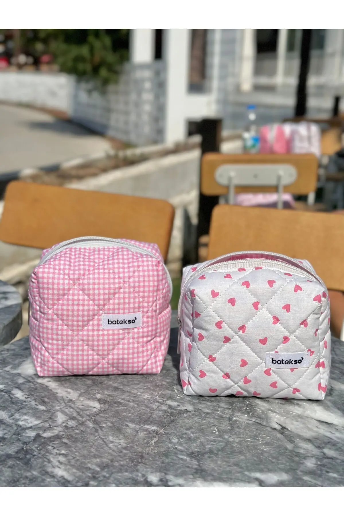 2'li Mini Pembe Kalp Ve Pembe Kare Desenli Makyaj Çantası - Küçük Boy