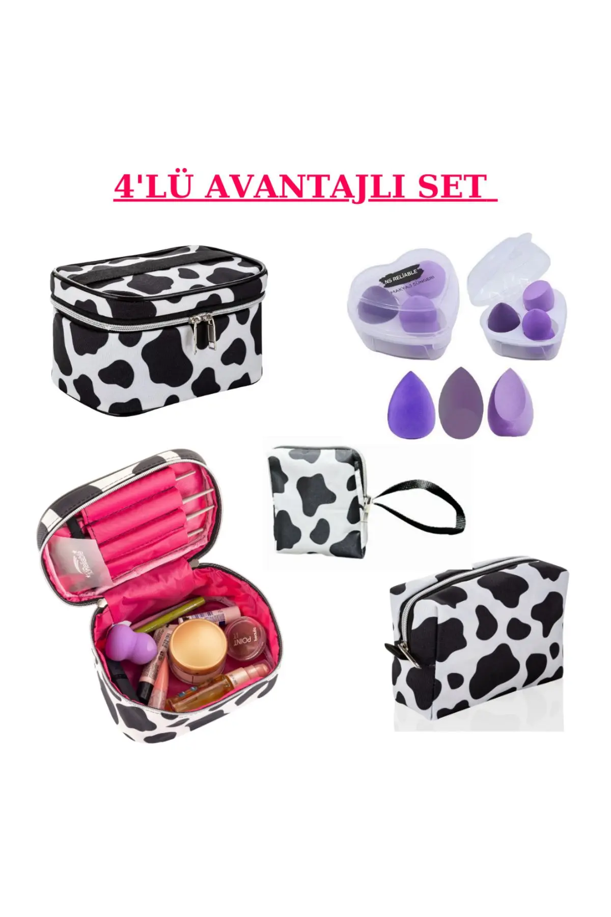 NS reliable 4'lü Set Desenli Seyahat Makyaj Organizatörü Çok Fonksiyonlu Kozmetik Çanta-3'lü Makyaj süngeri