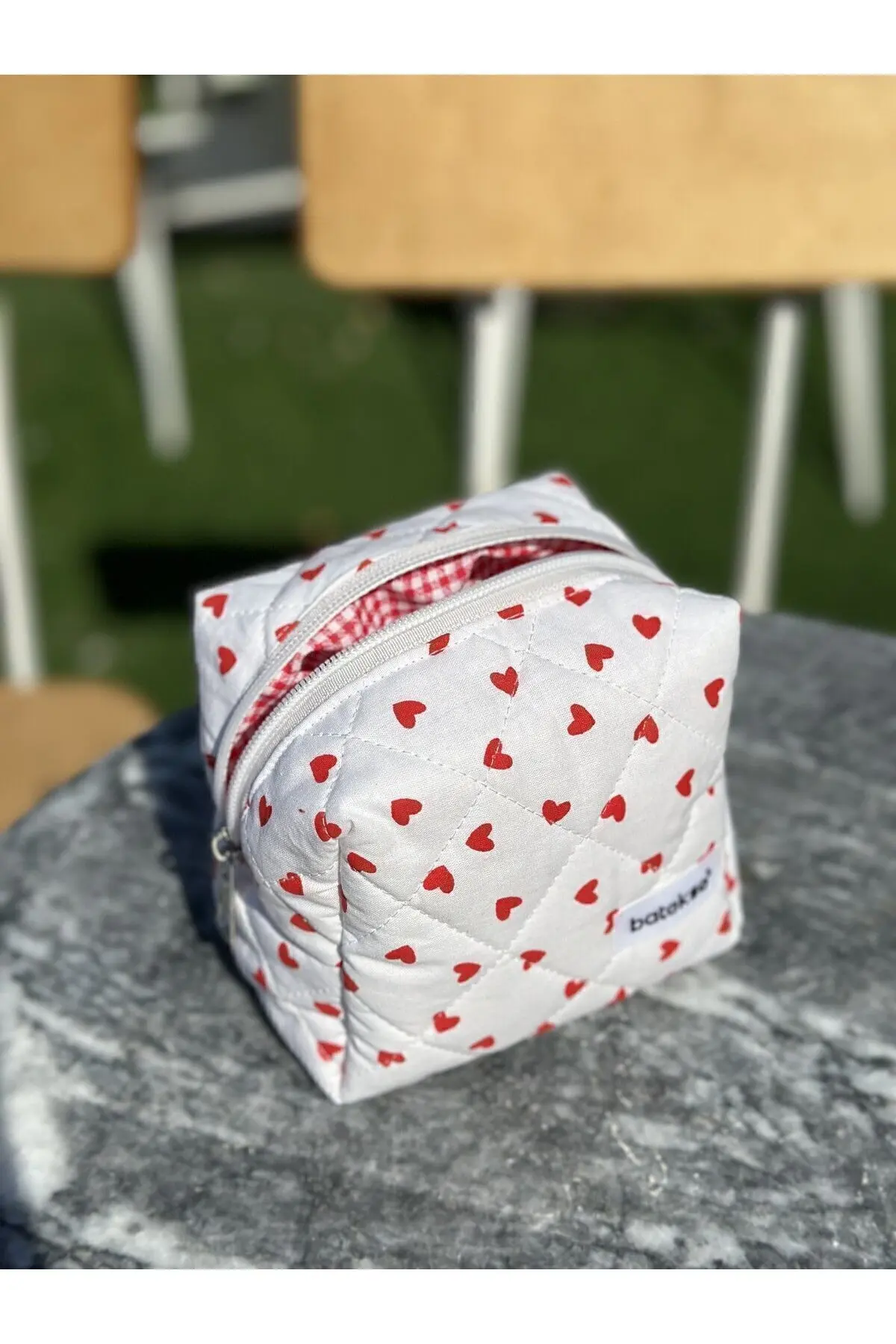 Mini Kırmızı Kalp Desenli Makyaj Çantası - Küçük Boy