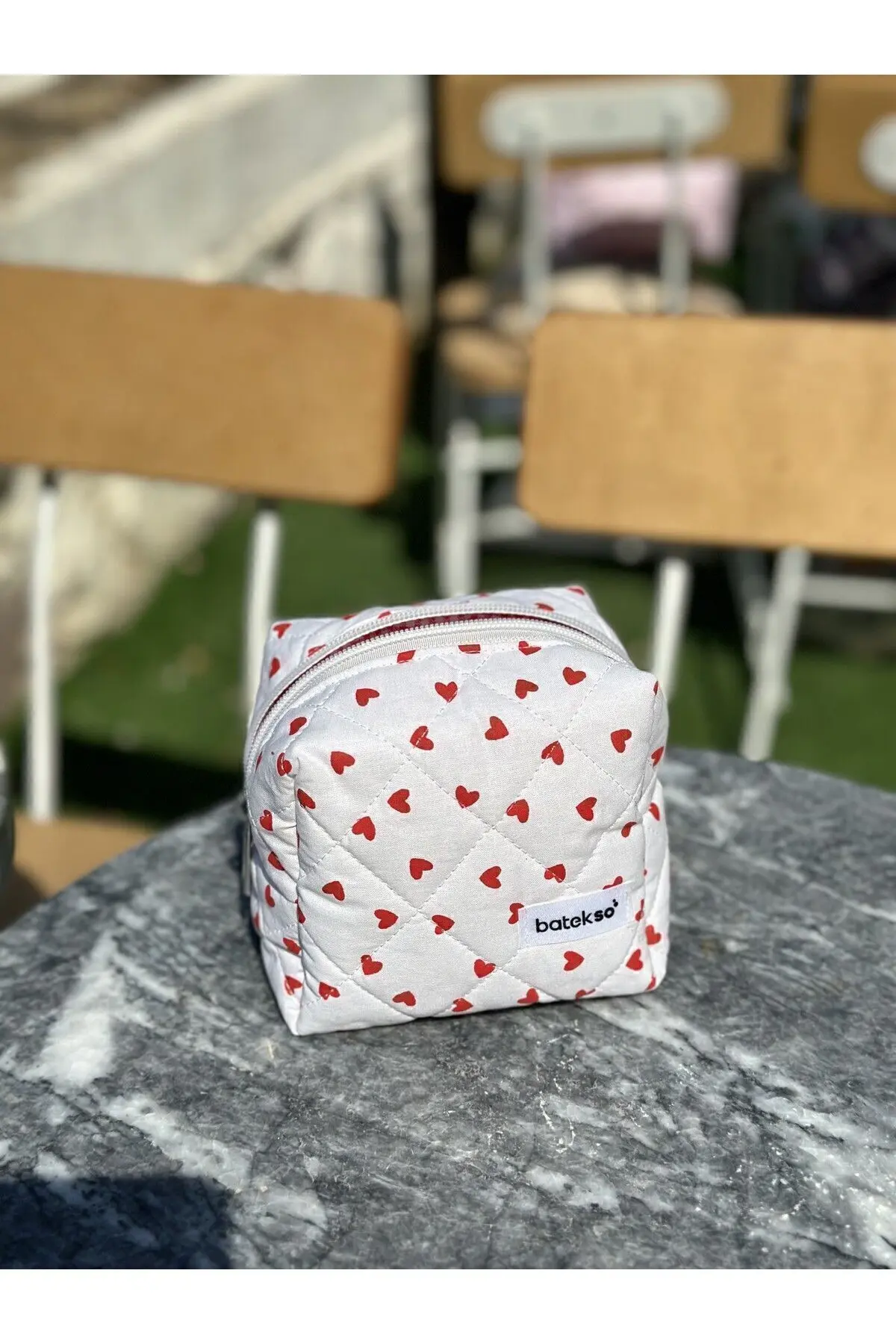 Mini Kırmızı Kalp Desenli Makyaj Çantası - Küçük Boy