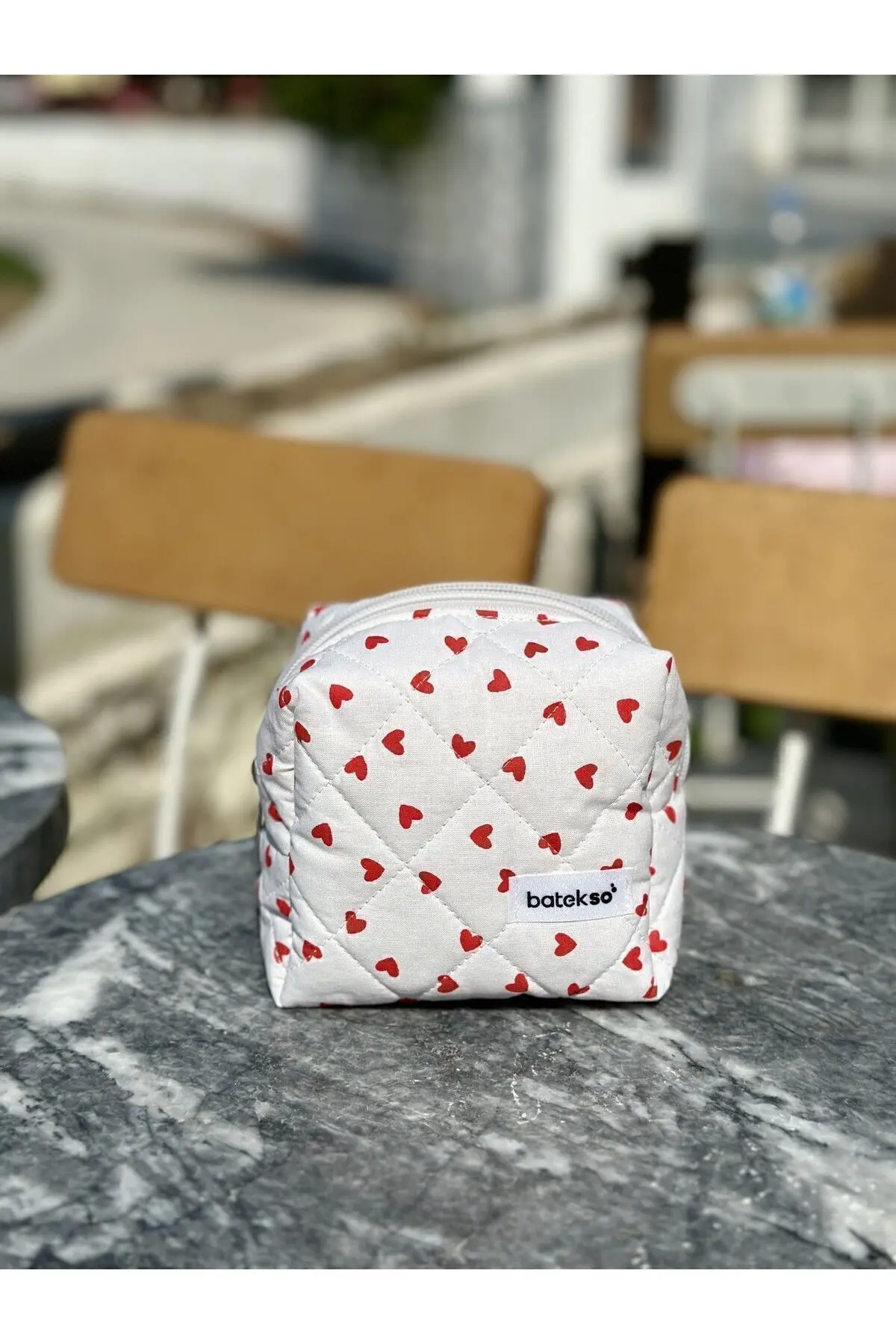 Mini Kırmızı Kalp Desenli Makyaj Çantası - Küçük Boy