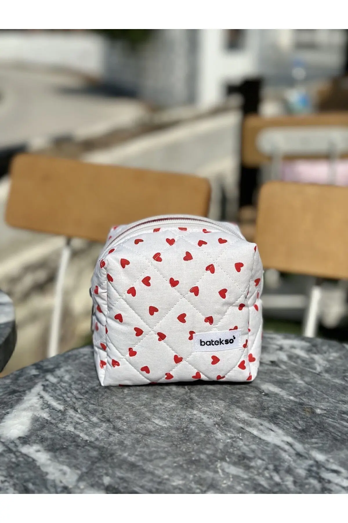 Mini Kırmızı Kalp Desenli Makyaj Çantası - Küçük Boy