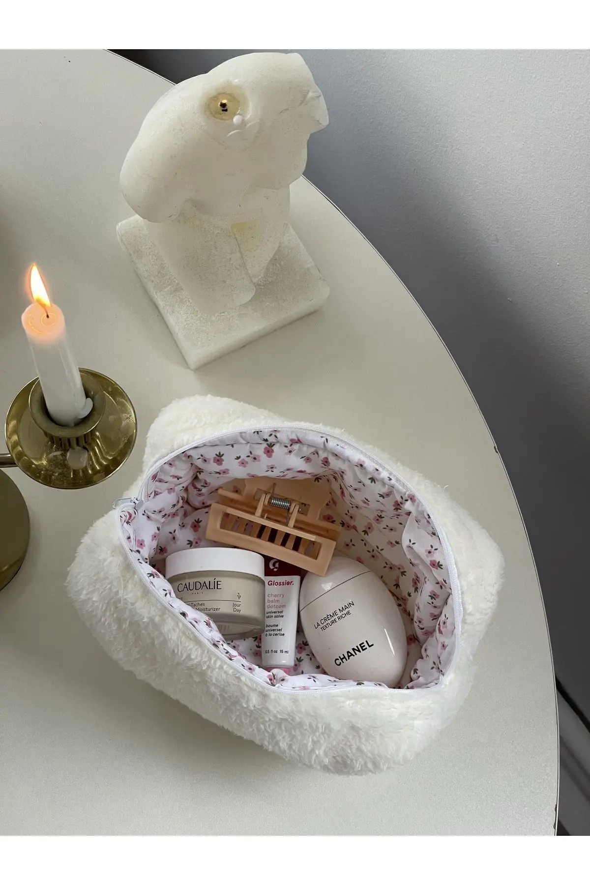 Beyaz Kürklü Peluş Makyaj Çantası Büyük Boy