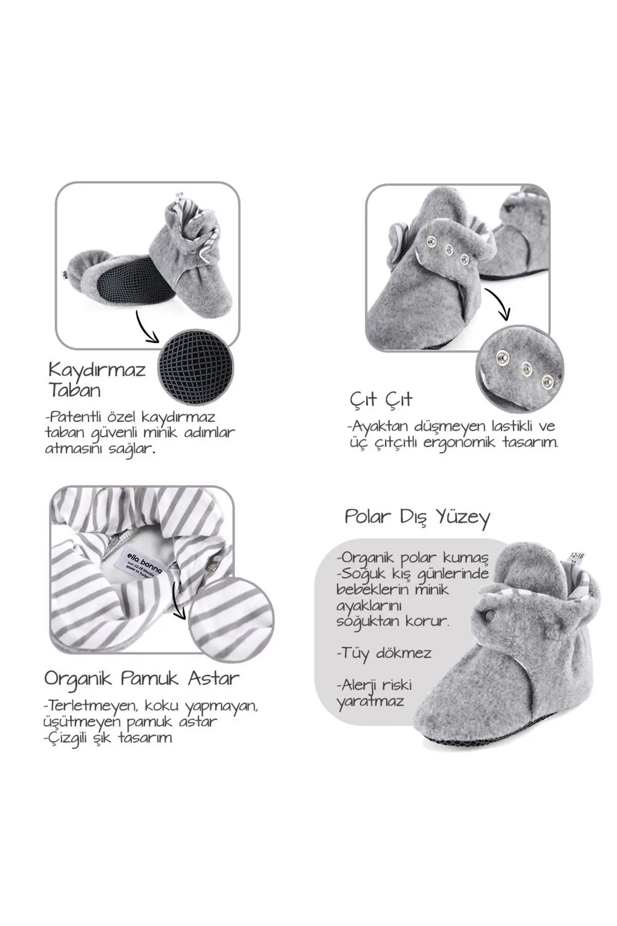 Kaydırmaz Taban, Organik %100 Pamuk Astarlı , Bebek Panduf ,3'Lü Ekonomik Paket (TABA-SİYAH-KIRMIZI)