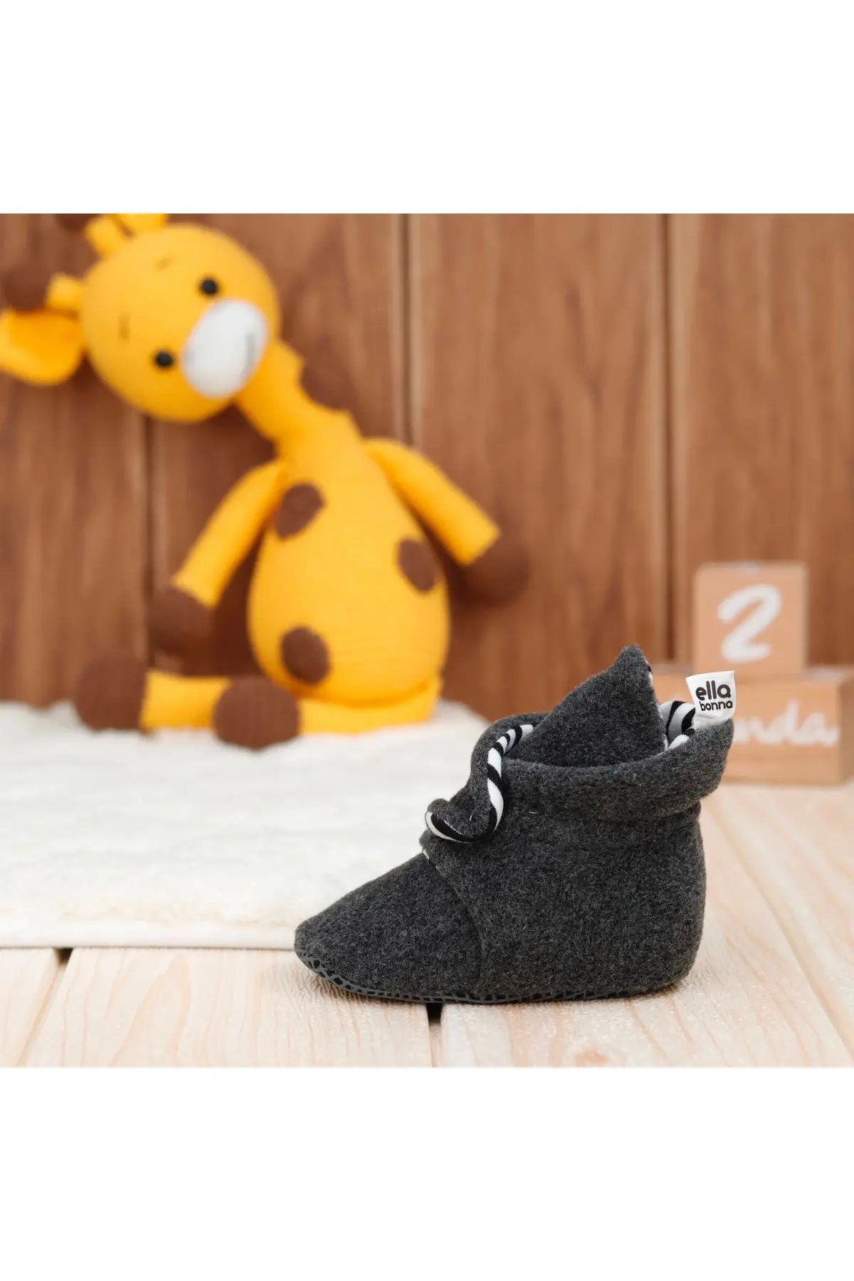 Bebek Antrasit Kaydırmaz Taban Organik Pamuk Astarlı Ev Patiği