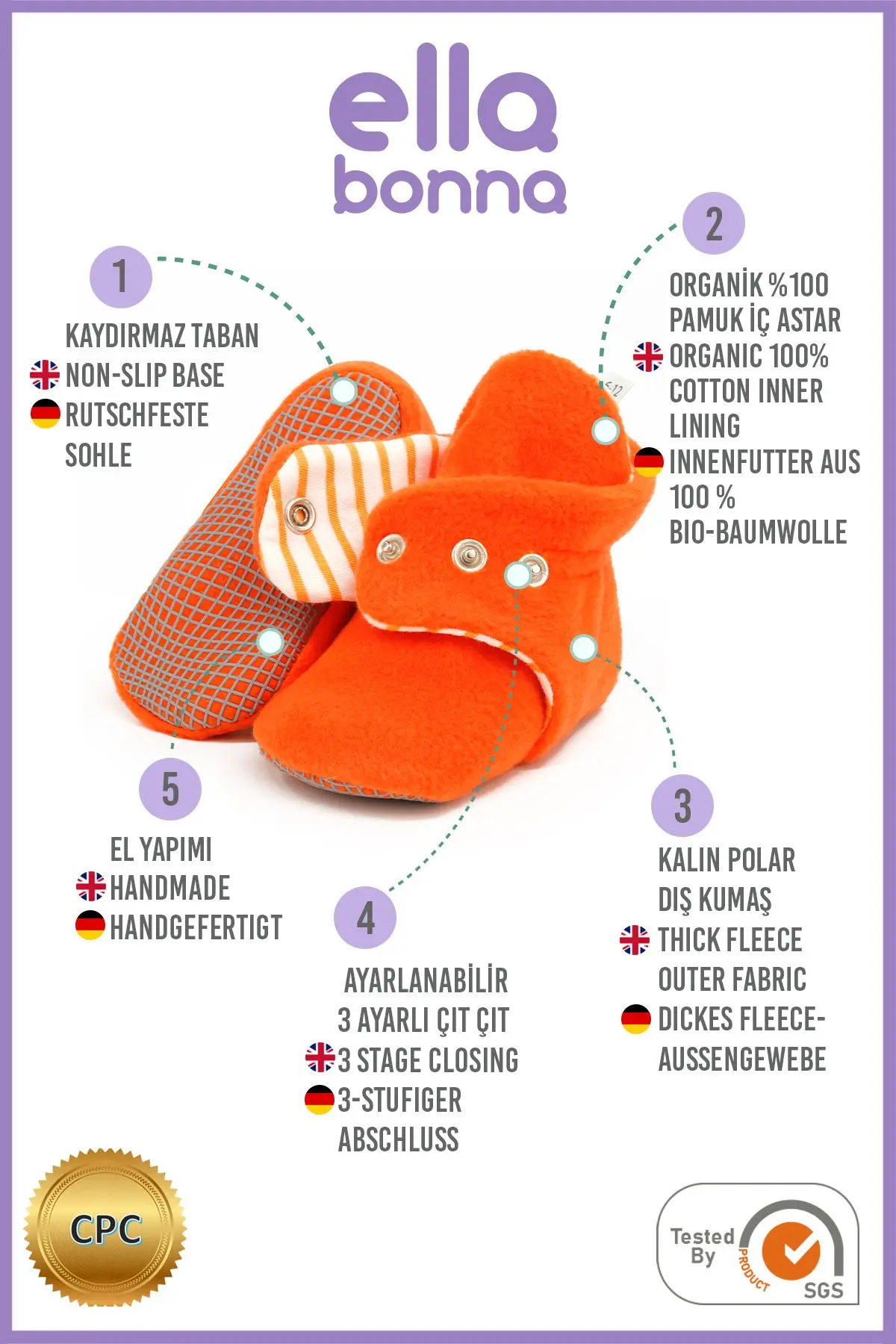 Kaydırmaz Taban, Bebek Pandufu, Ilkadım Ev Patiği, Terletmeyen Organik Pamuk Astarlı