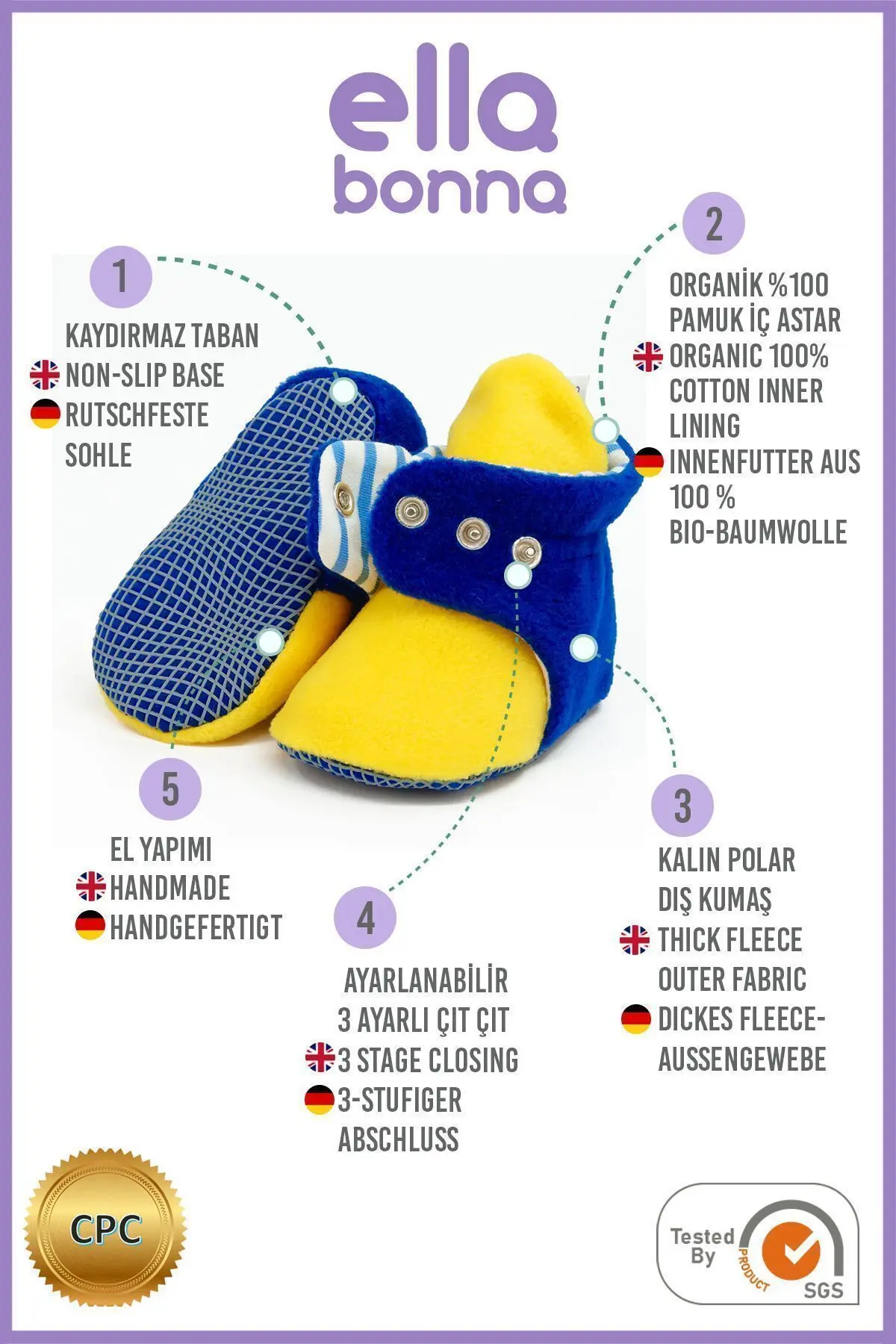 Kaydırmaz Taban Bebek Pandufu İlkadım Ev Patiği Terletmeyen Organik Pamuk Astarlı