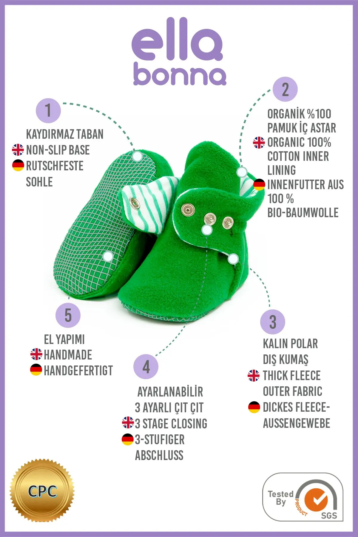 Unisex Bebek Yeşil Kaydırmaz Taban Pandufu İlkadım Ev Patiği Terletmeyen Organik Pamuk Astarlı