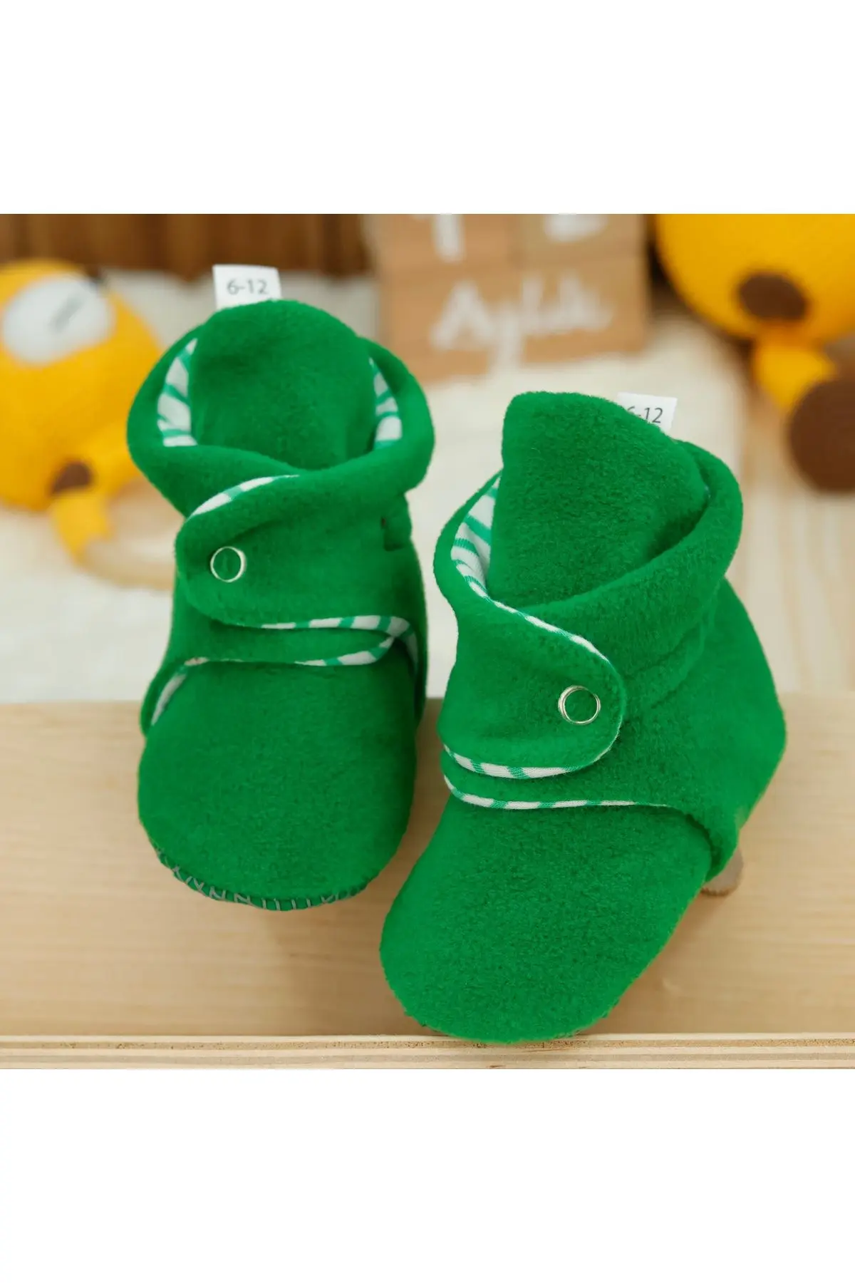 Unisex Bebek Yeşil Kaydırmaz Taban Pandufu İlkadım Ev Patiği Terletmeyen Organik Pamuk Astarlı