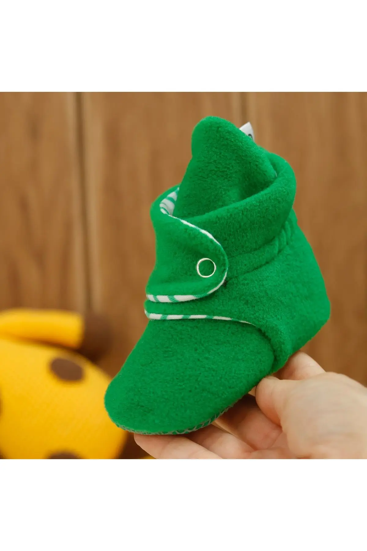 Unisex Bebek Yeşil Kaydırmaz Taban Pandufu İlkadım Ev Patiği Terletmeyen Organik Pamuk Astarlı