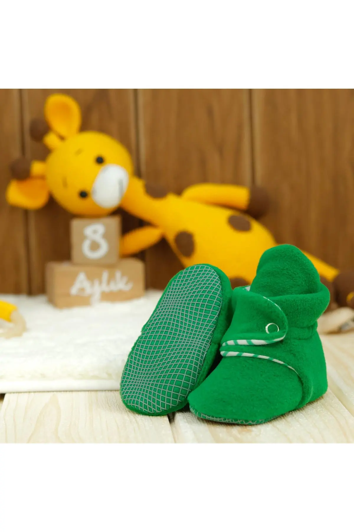 Unisex Bebek Yeşil Kaydırmaz Taban Pandufu İlkadım Ev Patiği Terletmeyen Organik Pamuk Astarlı