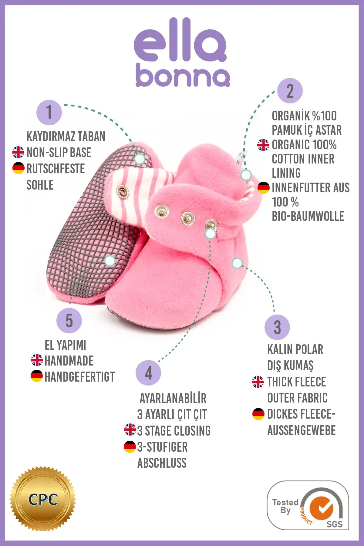 Kaydırmaz Taban, Bebek Pandufu, Ilkadım Ev Patiği, Terletmeyen Organik Pamuk Astarlı