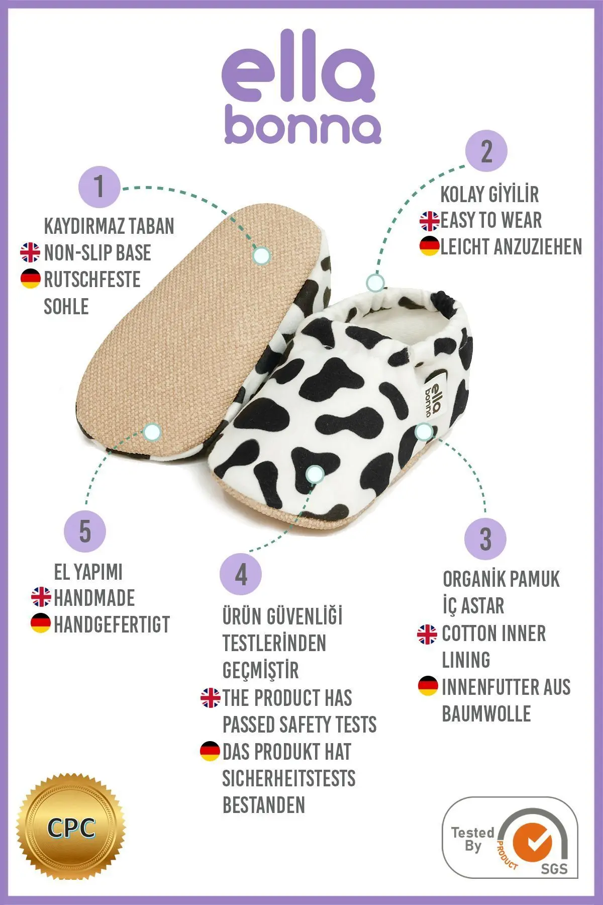 Kaydırmaz Taban Inekli Bebek Patiği, Ev Botu Terliği Kreş Ayakkabısı Panduf